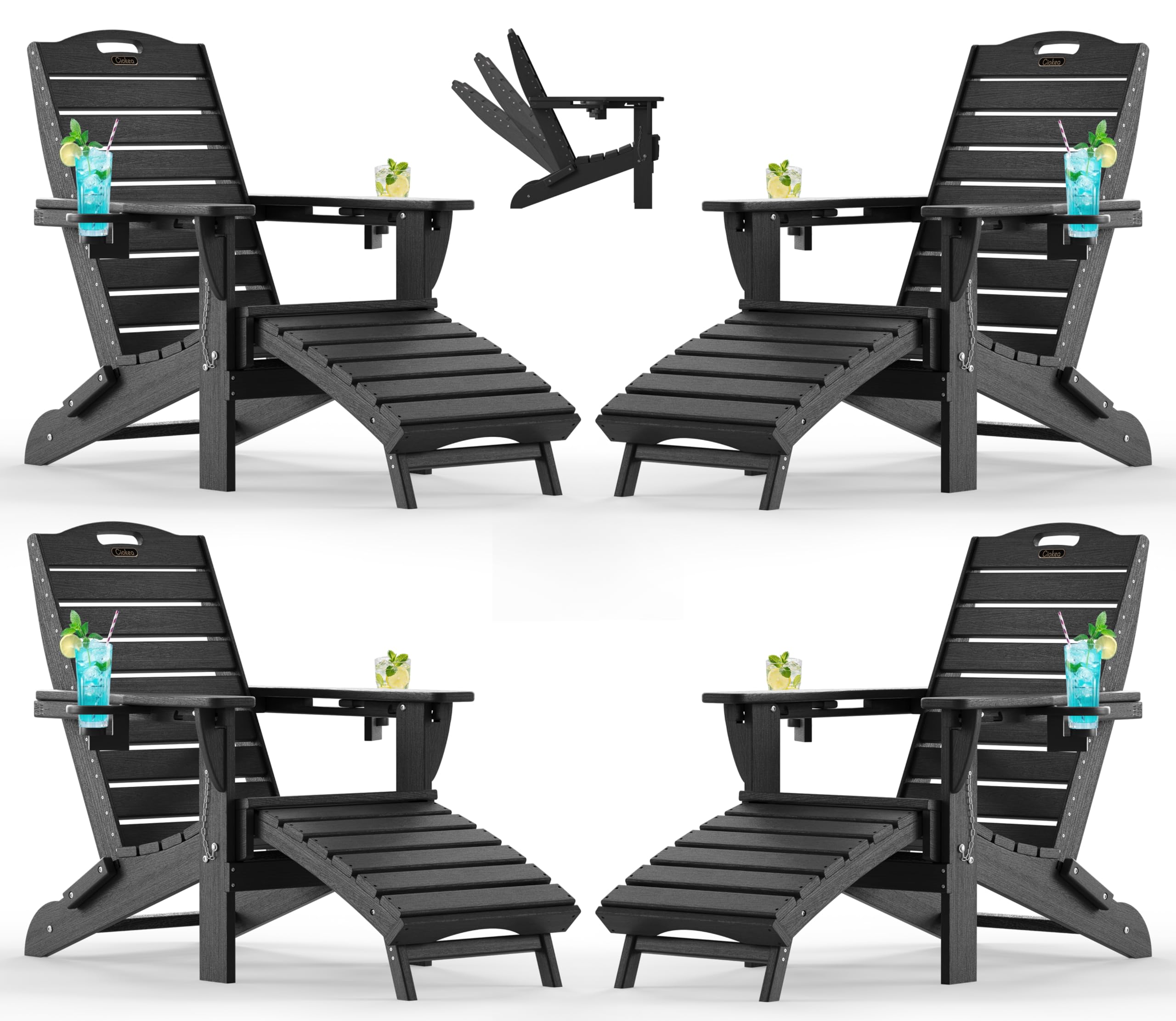 Ciokea Folding Adirondack Chair with Retractable Ottoman Fire Pit Patio Chair with Pull Out Foot Rest Weather Resistant Lawn Outdoor Lounge Chair with 2 Cup Holder (Grey)