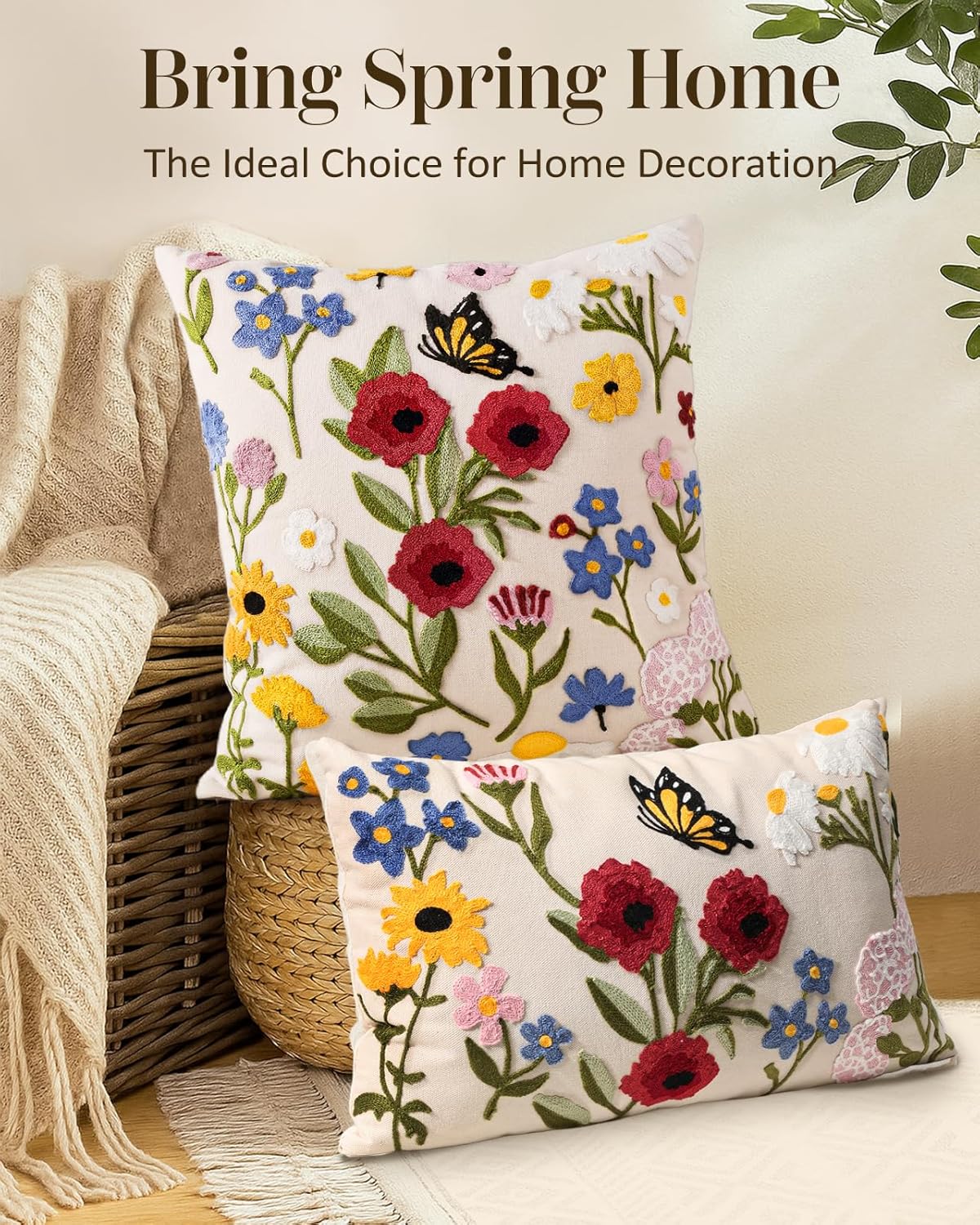 Embroidered Throw Pillow Cover 20x20 Inch - Spring Summer Boho Decorative Pillow Cover with Zipper for Living Room Couch Sofa Bed Aesthetic Design Retro Flower Cushion Pillowcase
