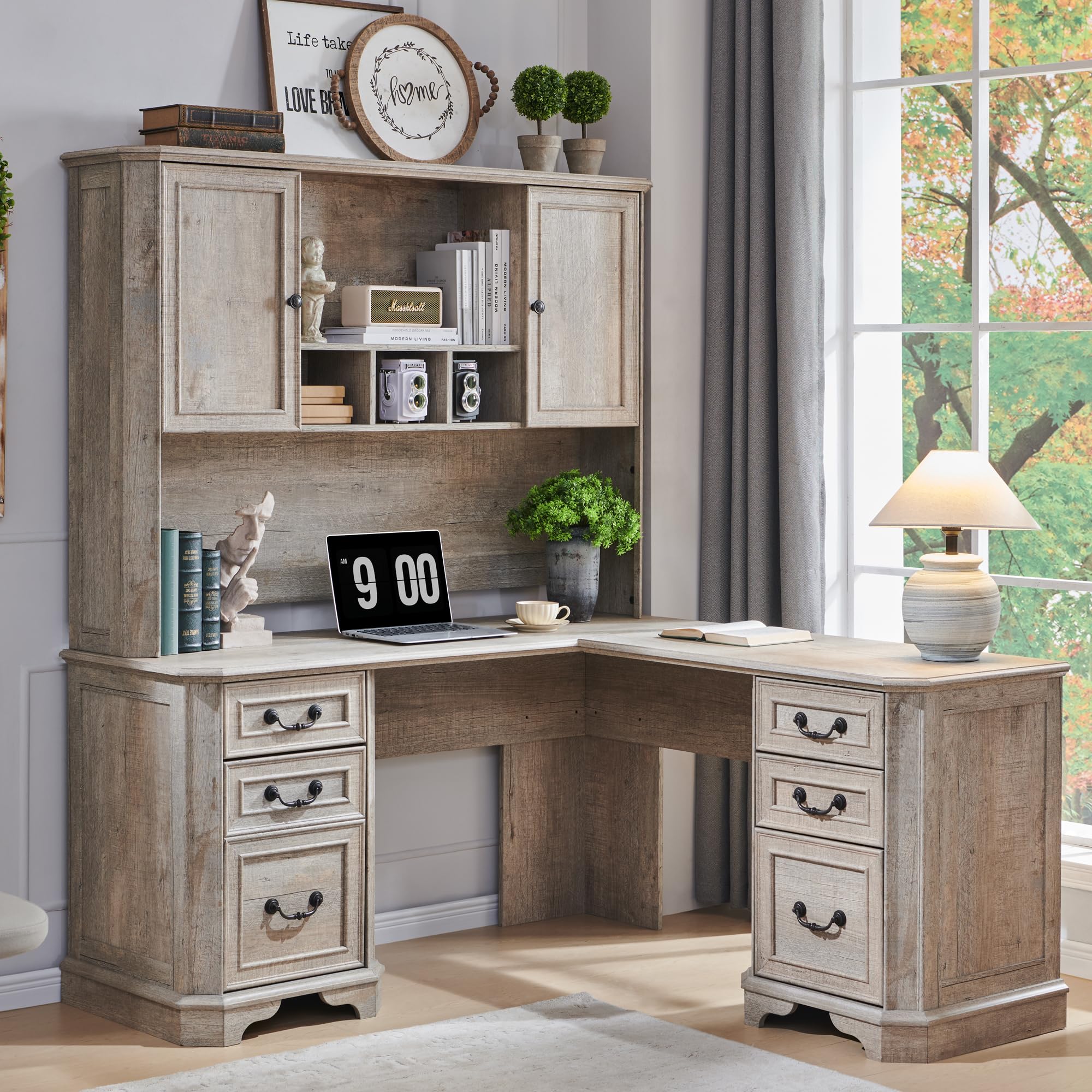T4TREAM 59" Executive L Shaped Desk with Drawers,Farmhouse Wood Computer Corner Desk,Featuring Charging Station,File Drawer, Storage Cabinet,for Home Office Work and Study (Reclaimed Barnwood)
