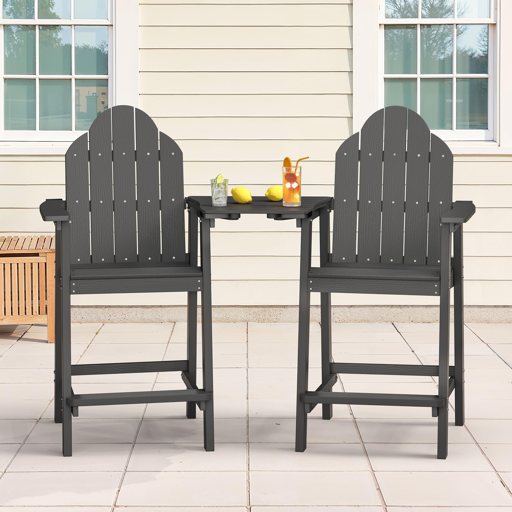 LUE BONA Tall Adirondack Chair Set of 2, All Weather HDPS Bar Height Chairs with Aluminum Legs, Detachable Table & Umbrella Hole for Patio, Deck, Backyard & Commercial Use Navy Blue