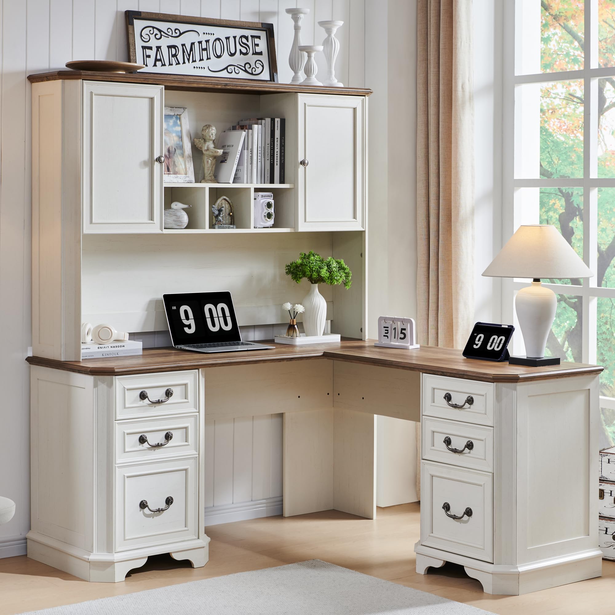 T4TREAM 59" Executive L Shaped Desk with Drawers,Farmhouse Wood Computer Corner Desk,Featuring Charging Station,File Drawer, Storage Cabinet,for Home Office Work and Study (Reclaimed Barnwood)