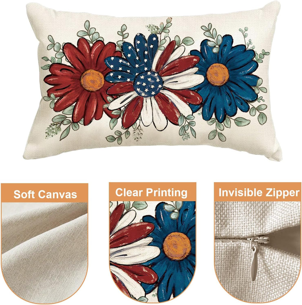 Baccessor Patriotic Pillow Cover 12x20 Inch,4th of July Memorial Day Lumbar Blue Red Daisy Lumbar Pillow Case Summer Holiday Bed Cushion Home Sofa Couch Indoor Outdoor Decor 1 Piece