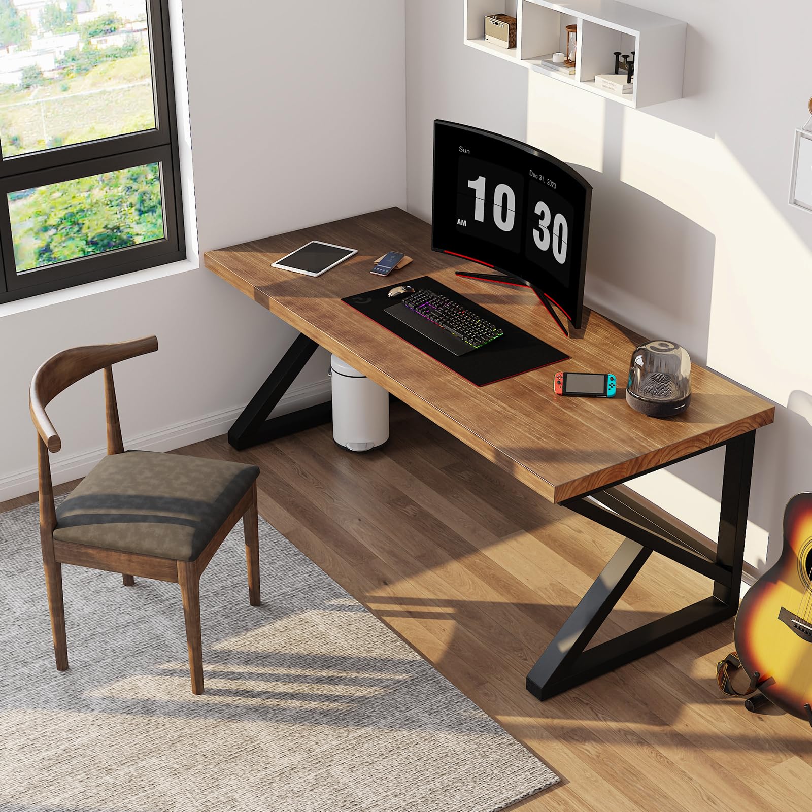 55inch Solid Wood Desk Wide Home Office Desk,Metal Modern Industrial Writing Table, Workstation, Perfect Table for Your workspace Study Table Furniture in Rustic Natural Aged Brown