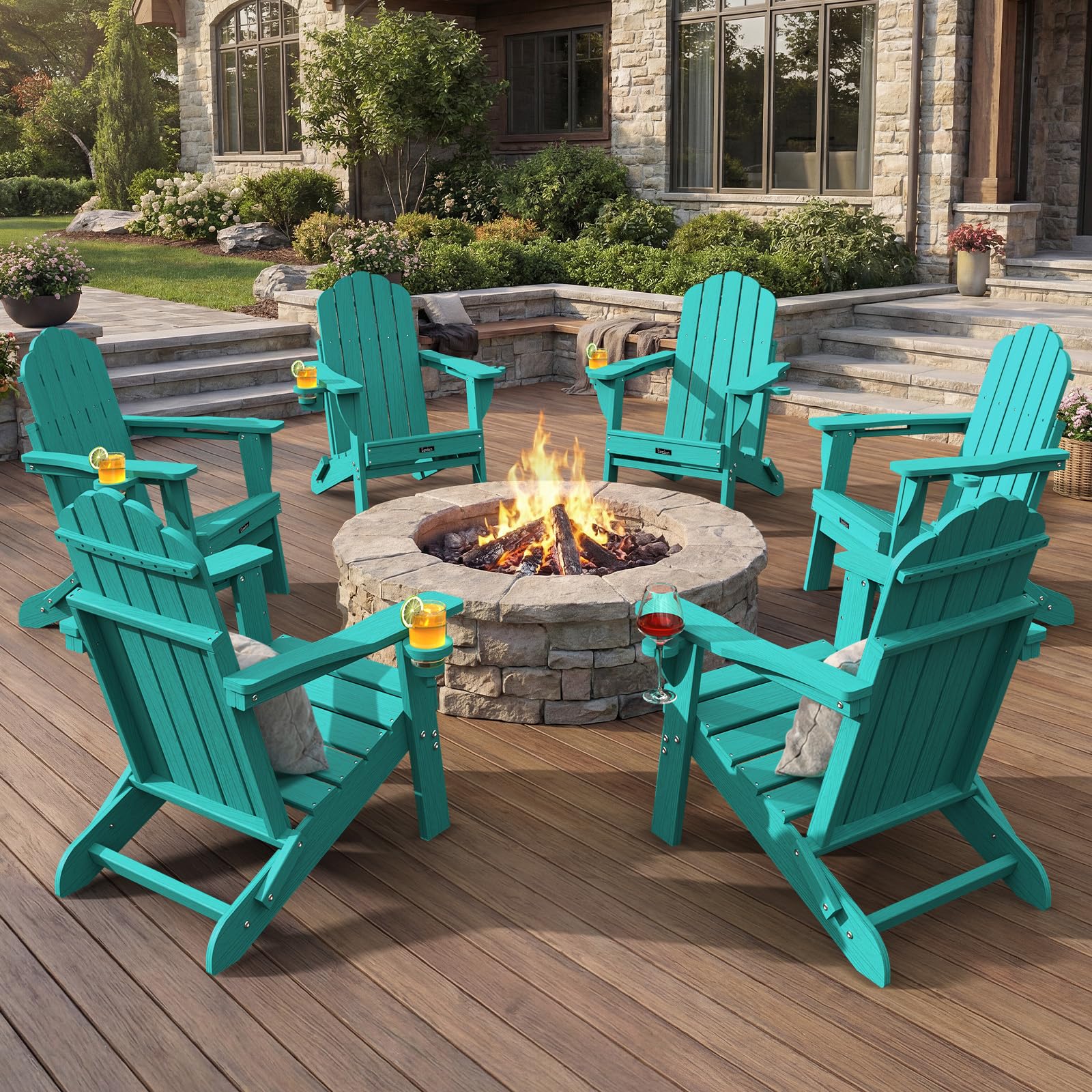 Folding Adirondack Chair,All-Weather HDPE Fire Pit Chair with 2 Cup Holders, Plastic Outdoor Chair for Patio Deck Garden Lawn, Black