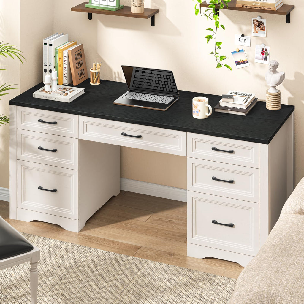 Vabches Farmhouse Executive Desk, Wood Home Office Desk with 2 Large File Drawers and 5 Storage Cabinets, Rustic Writing Desk for Work and Study, Brown