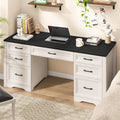Vabches Farmhouse Executive Desk, Wood Home Office Desk with 2 Large File Drawers and 5 Storage Cabinets, Rustic Writing Desk for Work and Study, Brown