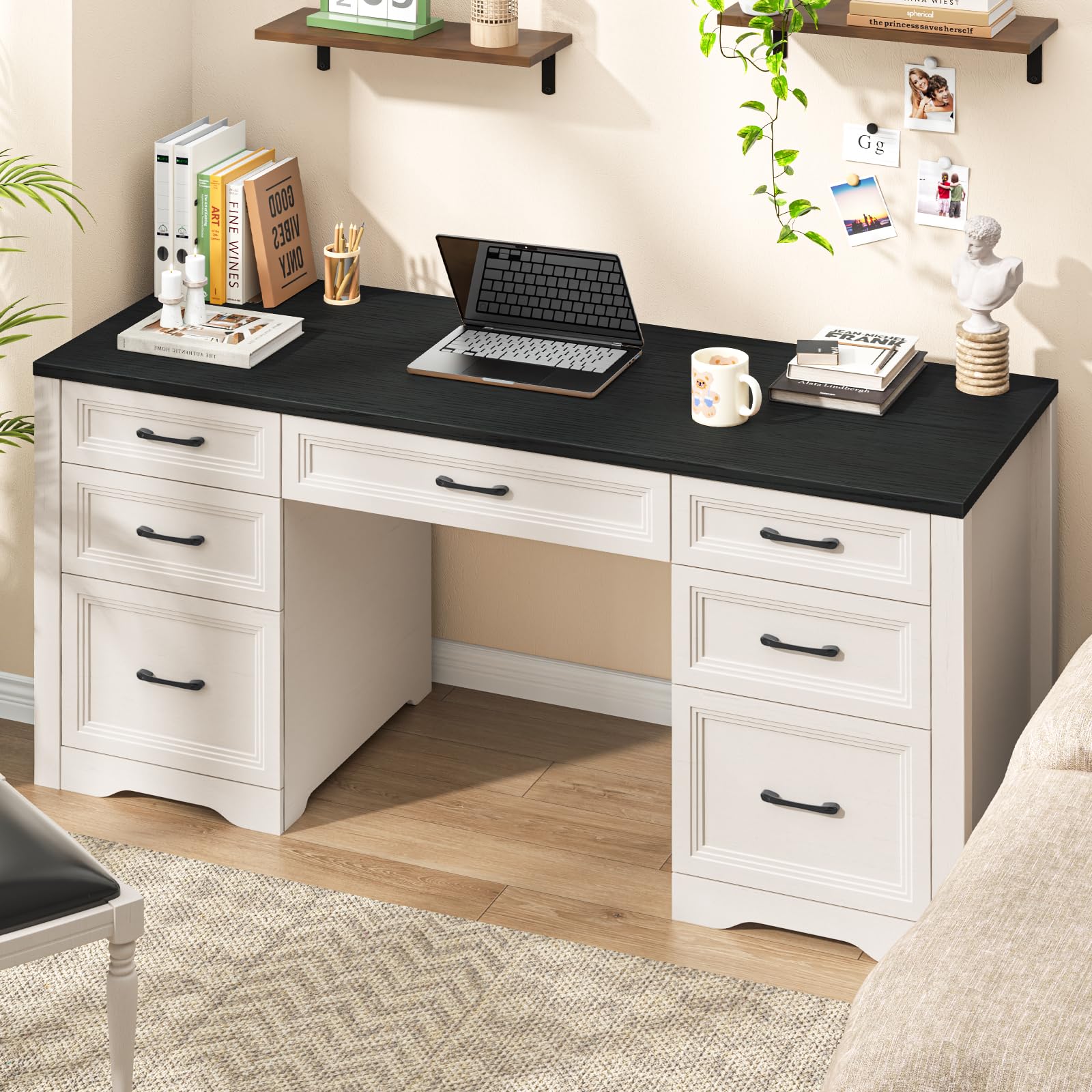 Vabches Farmhouse Executive Desk, Wood Home Office Desk with 2 Large File Drawers and 5 Storage Cabinets, Rustic Writing Desk for Work and Study, Brown