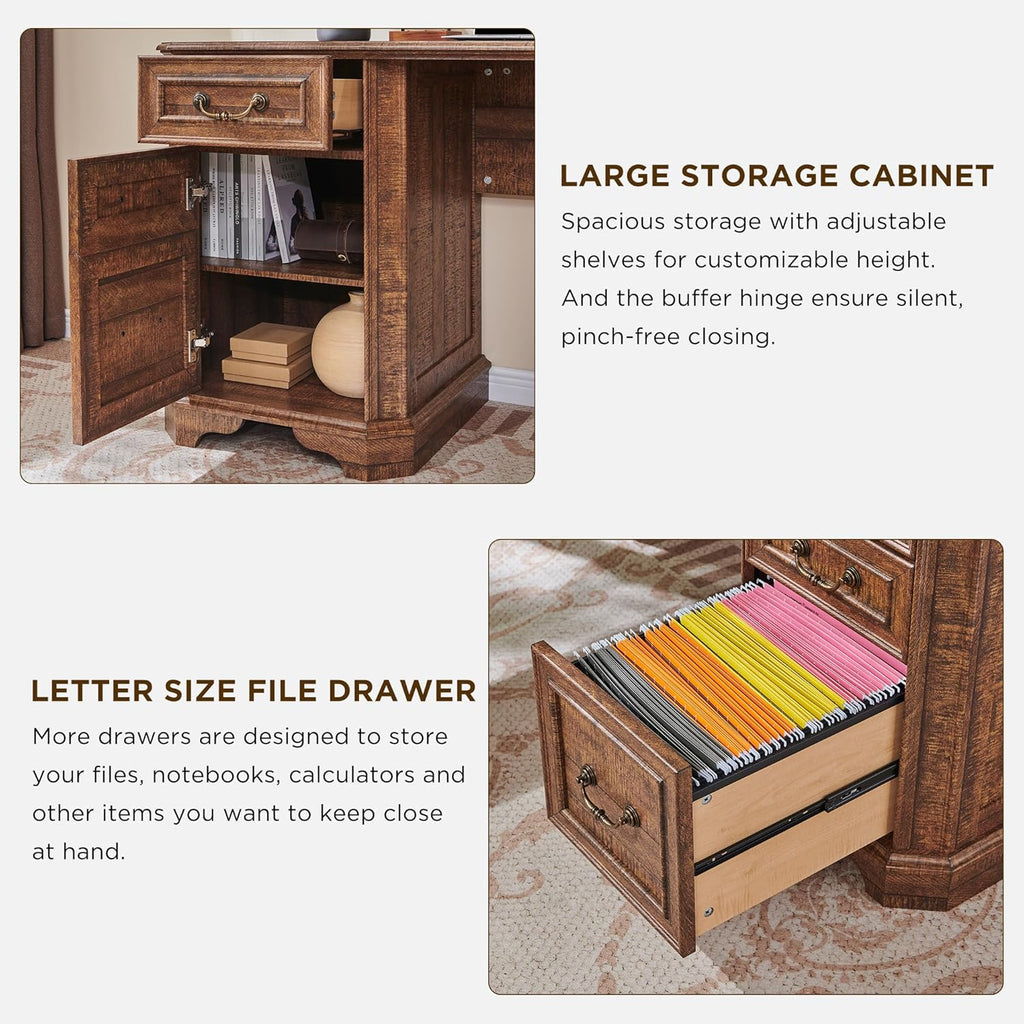 T4TREAM 59" Executive L Shaped Desk with Drawers,Farmhouse Wood Computer Corner Desk,Featuring Charging Station,File Drawer, Storage Cabinet,for Home Office Work and Study (Reclaimed Barnwood)