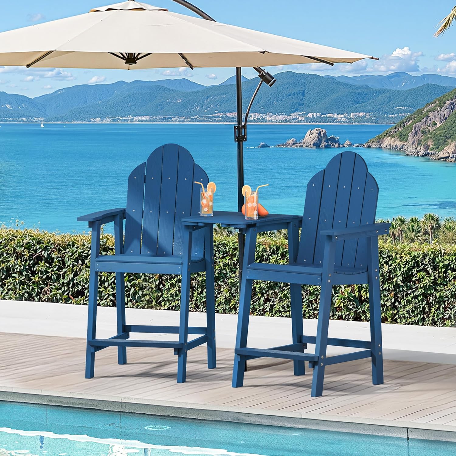 LUE BONA Tall Adirondack Chair Set of 2, All Weather HDPS Bar Height Chairs with Aluminum Legs, Detachable Table & Umbrella Hole for Patio, Deck, Backyard & Commercial Use Navy Blue