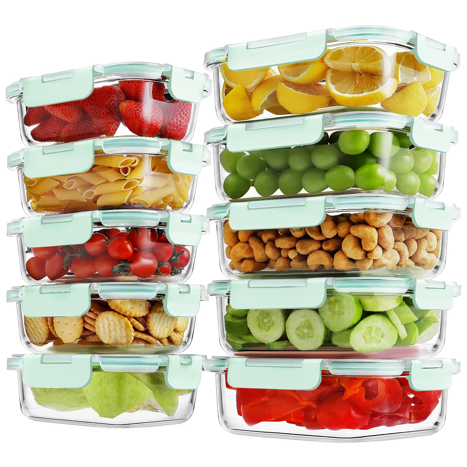 HOMBERKING 10 Pack Borosilicate Glass Meal Prep Containers with Locking Lids, Glass Food Storage Containers Set, Airtight Lunch Bento Boxes, BPA-Free & Leak Proof, 36oz & 14oz, Freezer, Oven Safe
