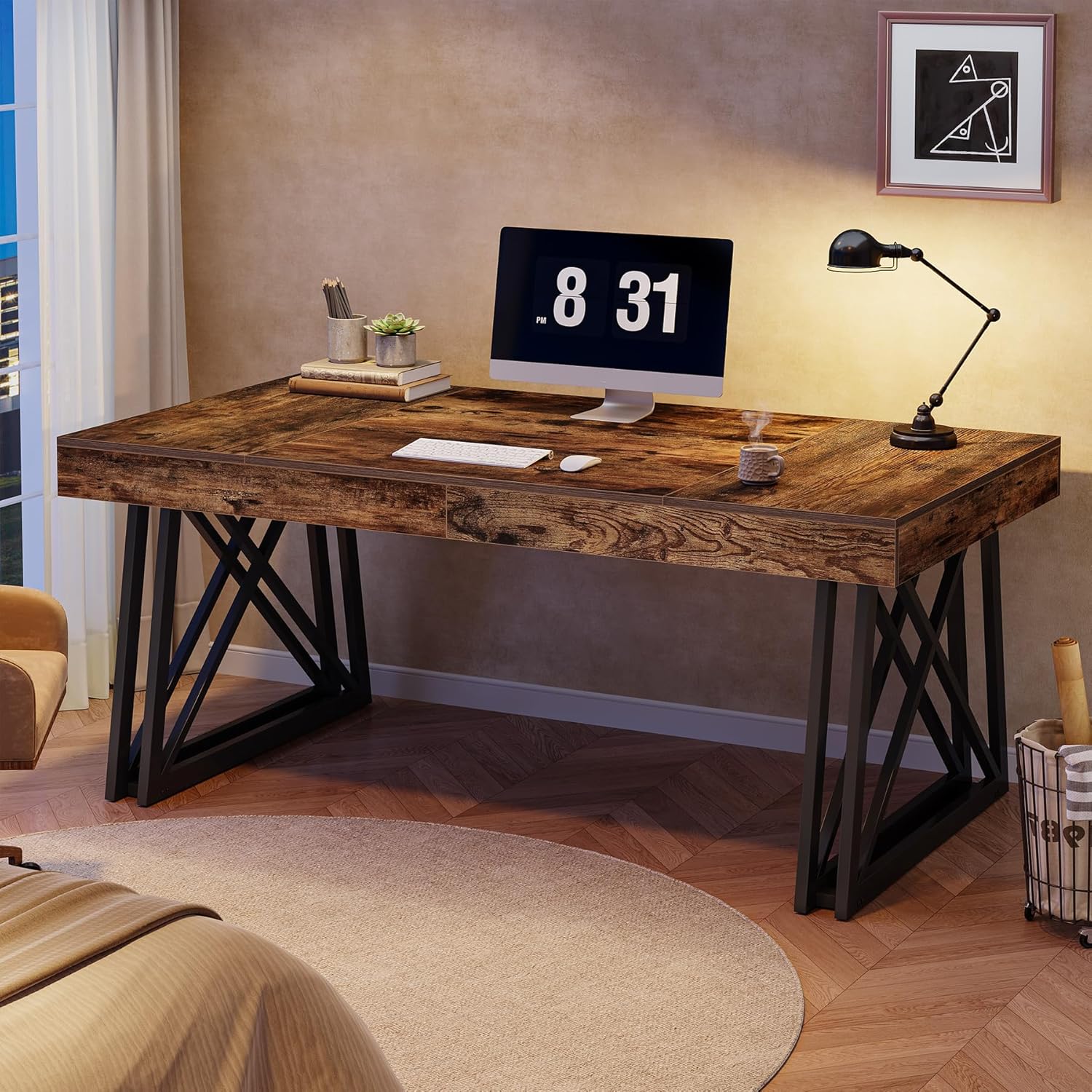 Tribesigns 63-Inch Executive Desk, Farmhouse Office Computer Desk with Sturdy X-Shaped Legs, Large Writing Table Business Furniture Workstation for Home Office, Study (Rustic Brown & Black)