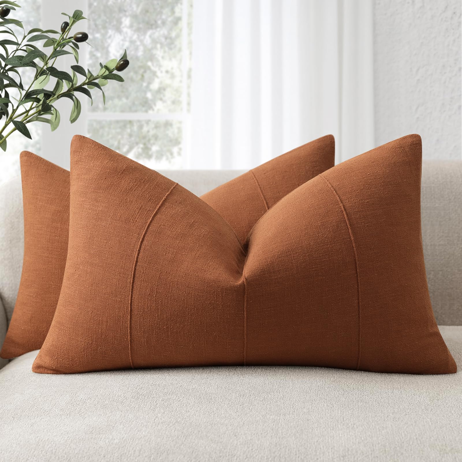 Decorative Linen Throw Pillow Covers 18x18 Set of 2 Solid handcrafted Striped Cushion Covers for Bed Soft Modern Farmhouse Neutral Pillowcase for Couch Bedroom Living Room Home Decor(Natural Beige)