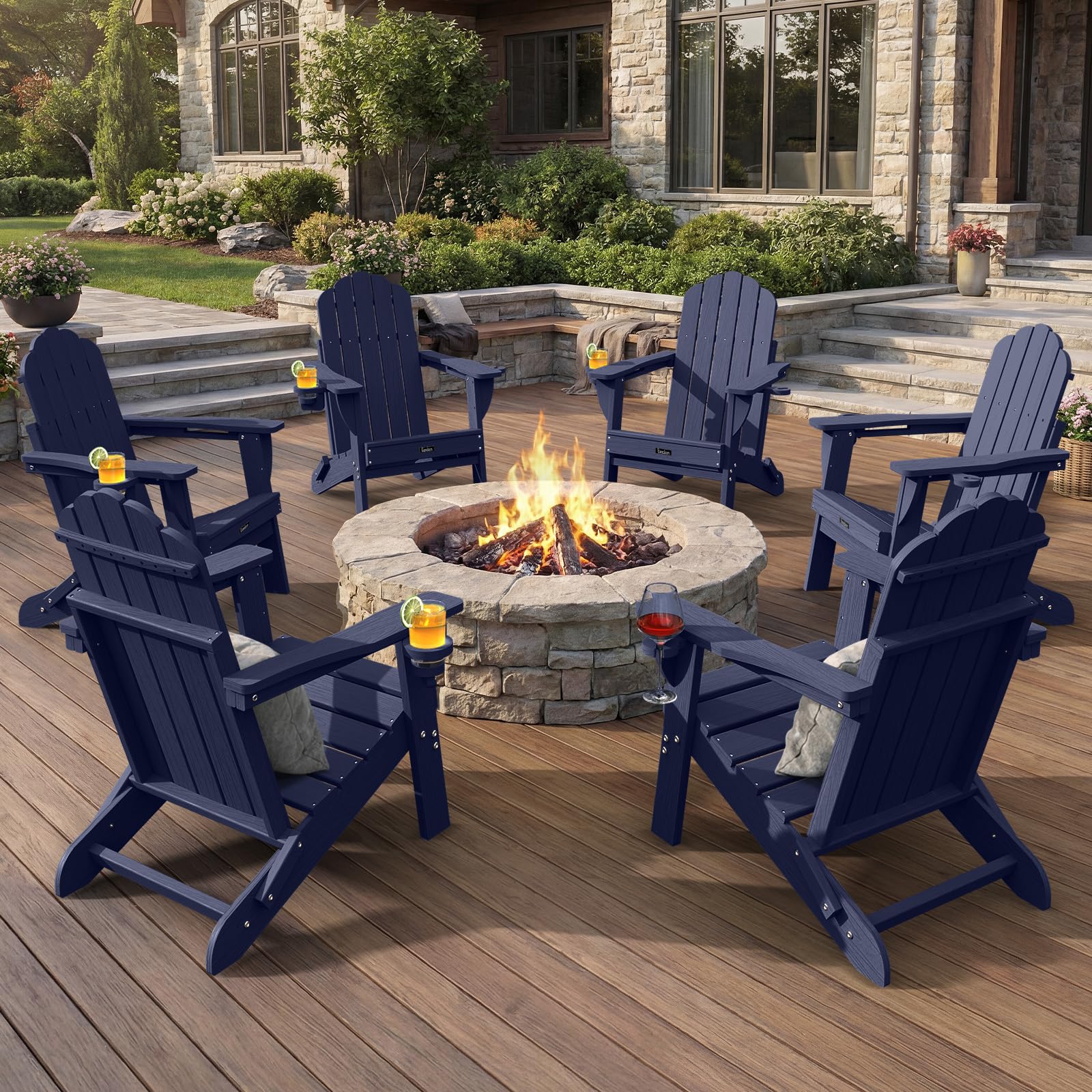 Folding Adirondack Chair,All-Weather HDPE Fire Pit Chair with 2 Cup Holders, Plastic Outdoor Chair for Patio Deck Garden Lawn, Black