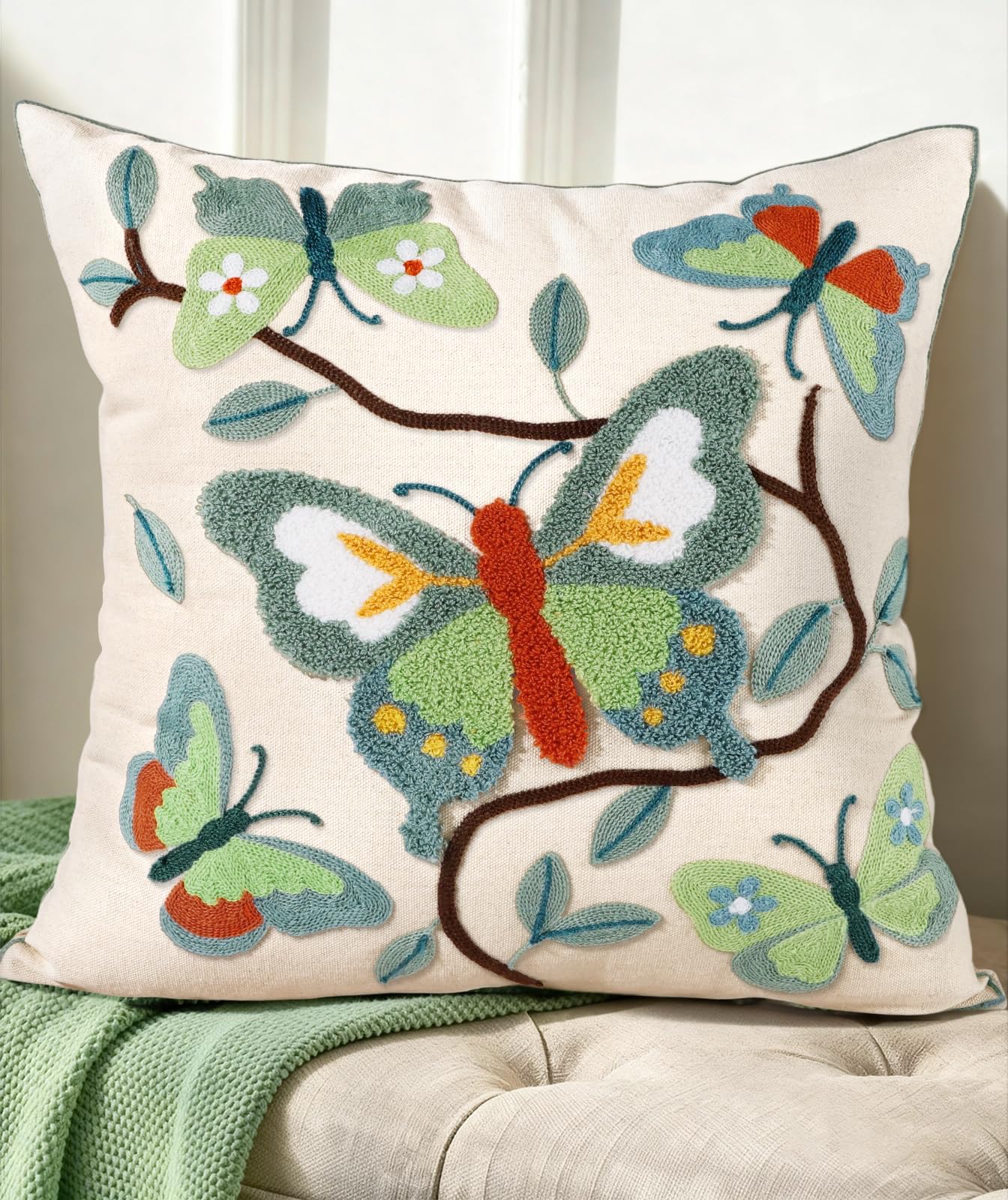 Embroidered Throw Pillow Cover 20x20 Inch - Spring Summer Boho Decorative Pillow Cover with Zipper for Living Room Couch Sofa Bed Aesthetic Design Retro Flower Cushion Pillowcase