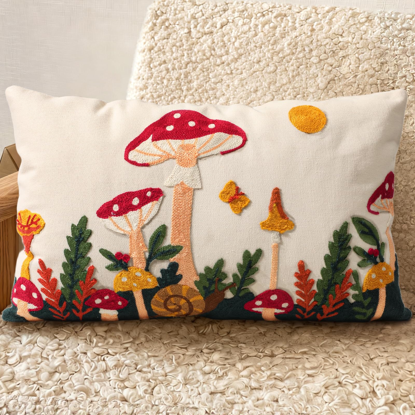 Embroidered Throw Pillow Cover 20x20 Inch - Spring Summer Boho Decorative Pillow Cover with Zipper for Living Room Couch Sofa Bed Aesthetic Design Retro Flower Cushion Pillowcase
