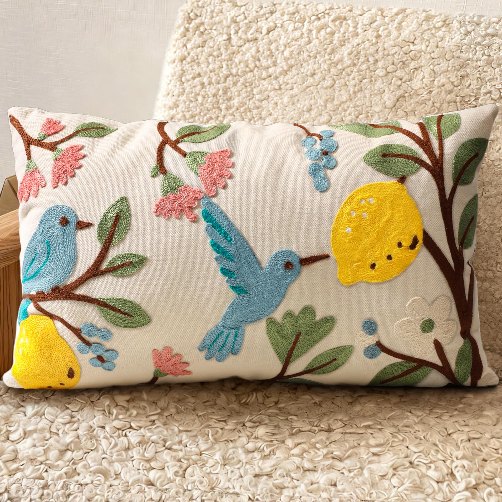 Embroidered Throw Pillow Cover 20x20 Inch - Spring Summer Boho Decorative Pillow Cover with Zipper for Living Room Couch Sofa Bed Aesthetic Design Retro Flower Cushion Pillowcase