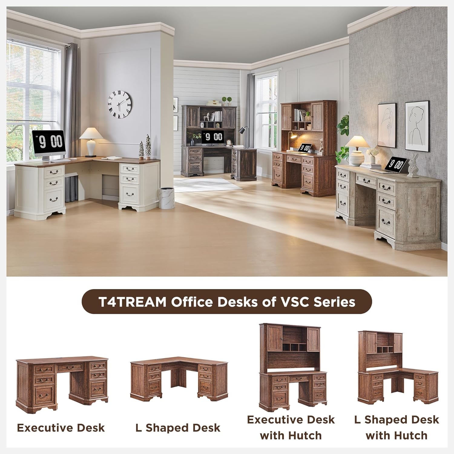 T4TREAM 59" Executive L Shaped Desk with Drawers,Farmhouse Wood Computer Corner Desk,Featuring Charging Station,File Drawer, Storage Cabinet,for Home Office Work and Study (Reclaimed Barnwood)