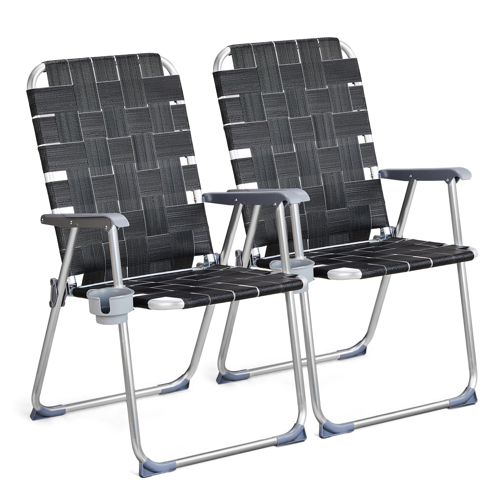 VINGLI Aluminum Patio Lawn Chairs Folding Set of 2 with Detachable Cup Holder, Webbed Beach Chair Folding Chair Outdoor Portable Camping Chair for Yard, Garden Blue alulawnchair