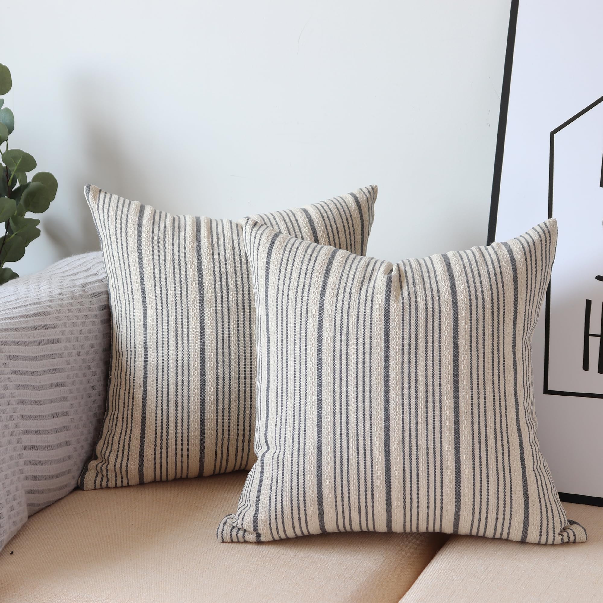 Tan Pillow Covers Farmhouse Linen Throw Pillow Covers Striped Outdoor Decorative Square Throw Pillows for Couch Sofa Bed 18x18 in Pack of 2 Cream and Beige