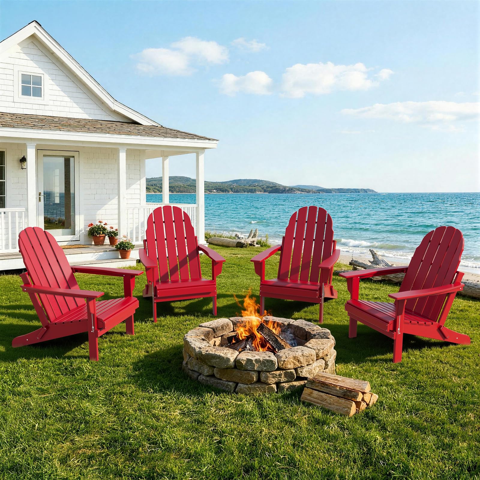 Oversized Folding Adirondack Chairs Set of 4, HDPE All-Weather Outdoor Chairs Easy to Store Fire Pit Chairs for Patio, Lawn, Poolside, Garden, Backyard, Deck- Gray