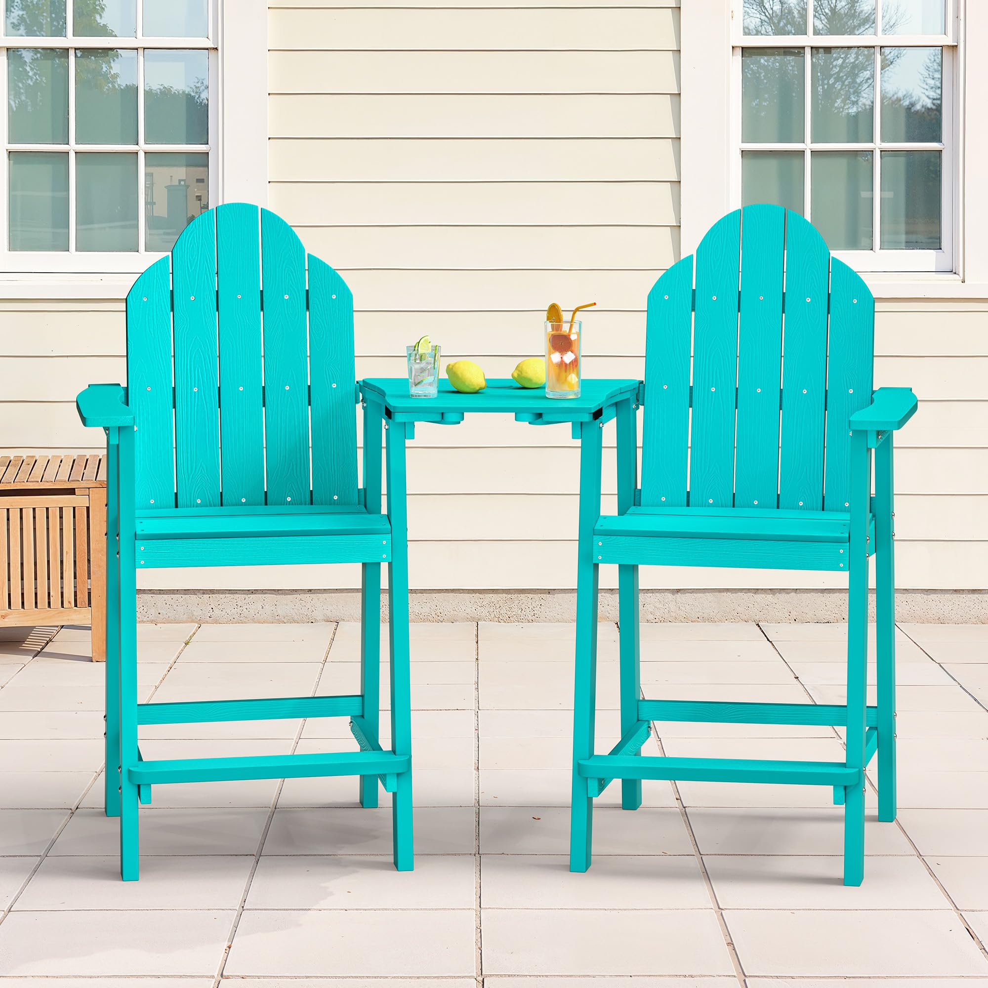 LUE BONA Tall Adirondack Chair Set of 2, All Weather HDPS Bar Height Chairs with Aluminum Legs, Detachable Table & Umbrella Hole for Patio, Deck, Backyard & Commercial Use Navy Blue
