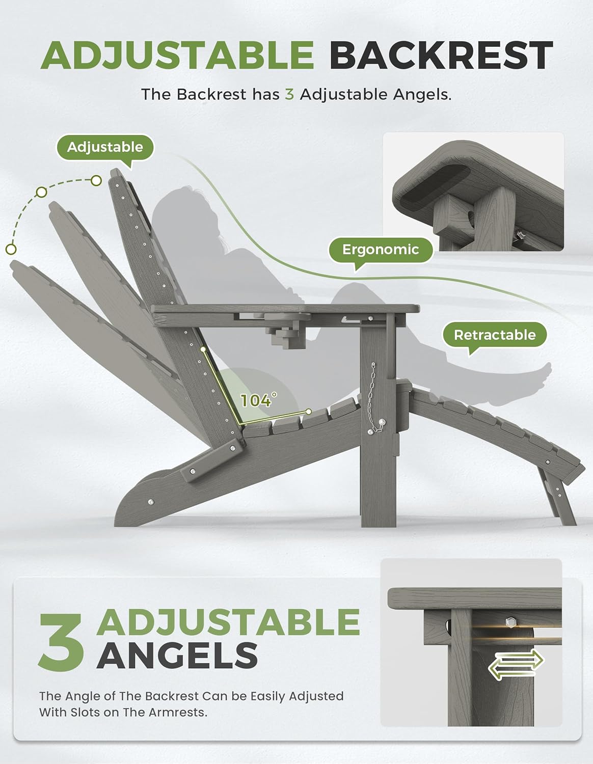 Ciokea Folding Adirondack Chair with Retractable Ottoman Fire Pit Patio Chair with Pull Out Foot Rest Weather Resistant Lawn Outdoor Lounge Chair with 2 Cup Holder (Grey)
