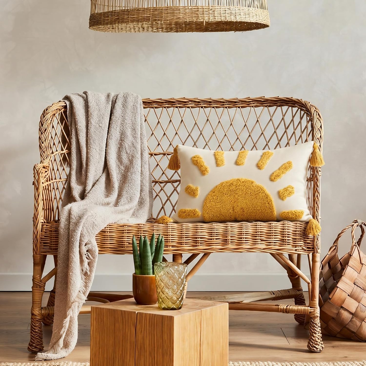 2 Pcs Sun Tufted Lumbar Pillow Cover 12x20 Inch Boho Velvet & Canvas Throw Pillow with Tassels, Yellow Cream Decorative Accent Pillows for Bed, Couch, Living Room & Farmhouse Decor