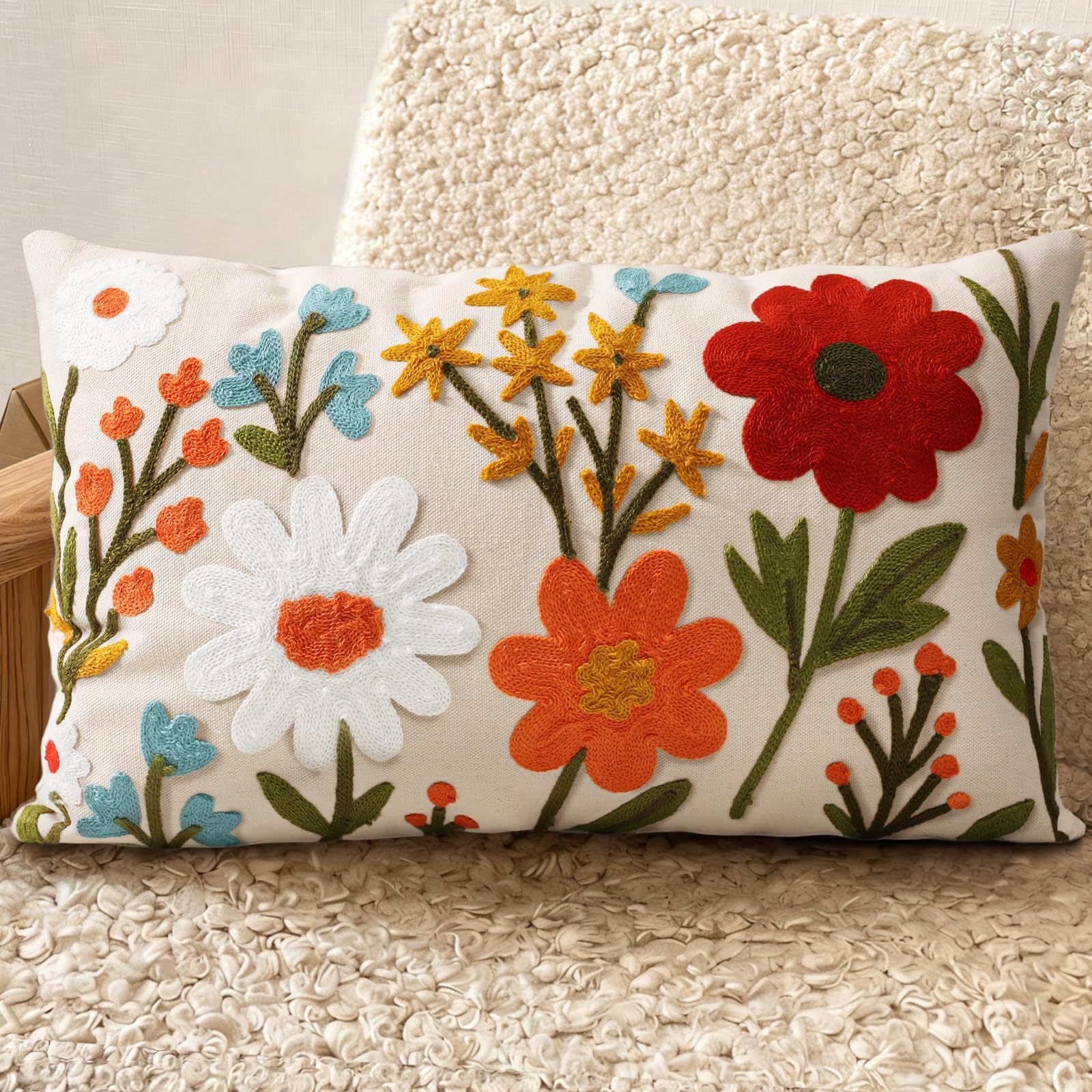 Embroidered Throw Pillow Cover 20x20 Inch - Spring Summer Boho Decorative Pillow Cover with Zipper for Living Room Couch Sofa Bed Aesthetic Design Retro Flower Cushion Pillowcase