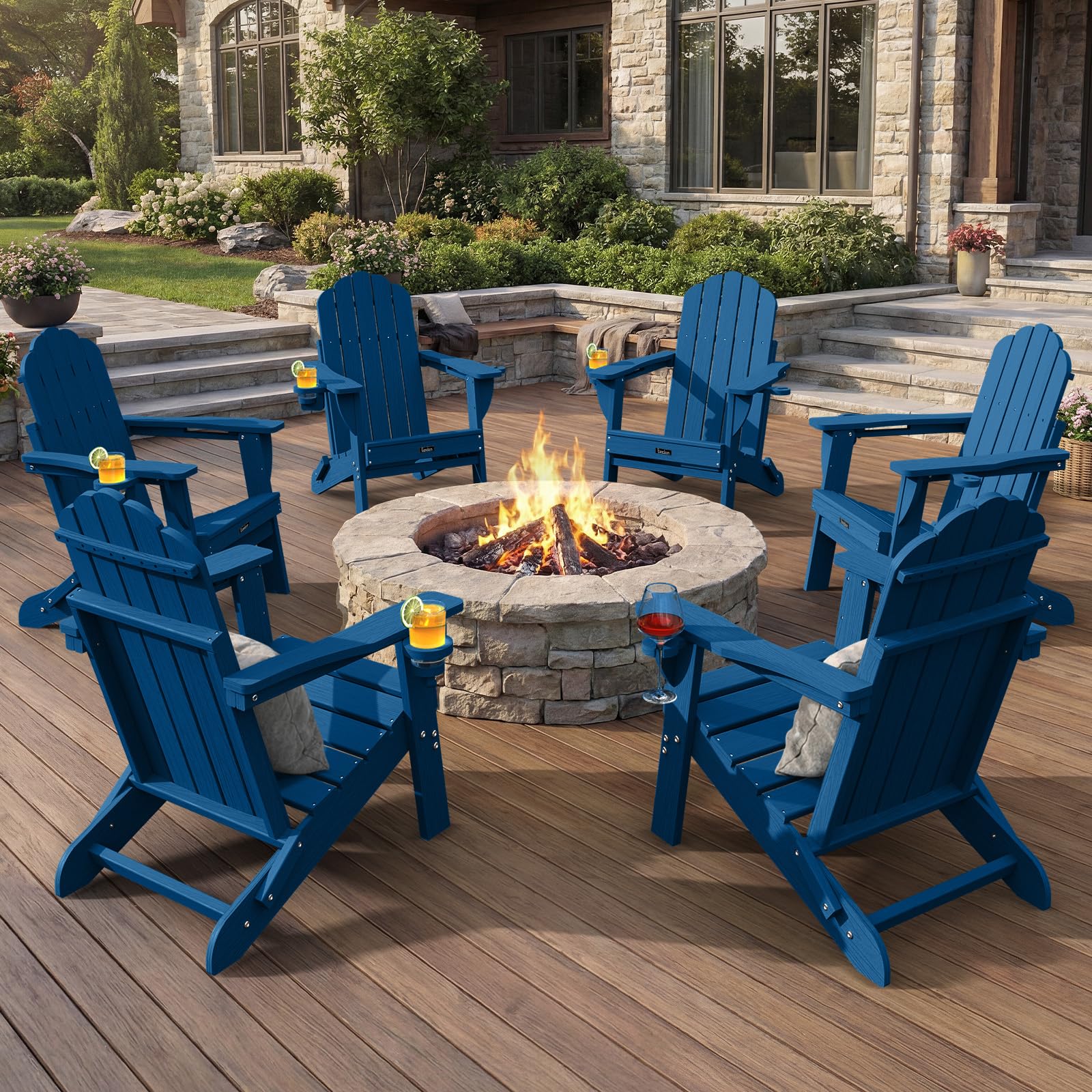 Folding Adirondack Chair,All-Weather HDPE Fire Pit Chair with 2 Cup Holders, Plastic Outdoor Chair for Patio Deck Garden Lawn, Black