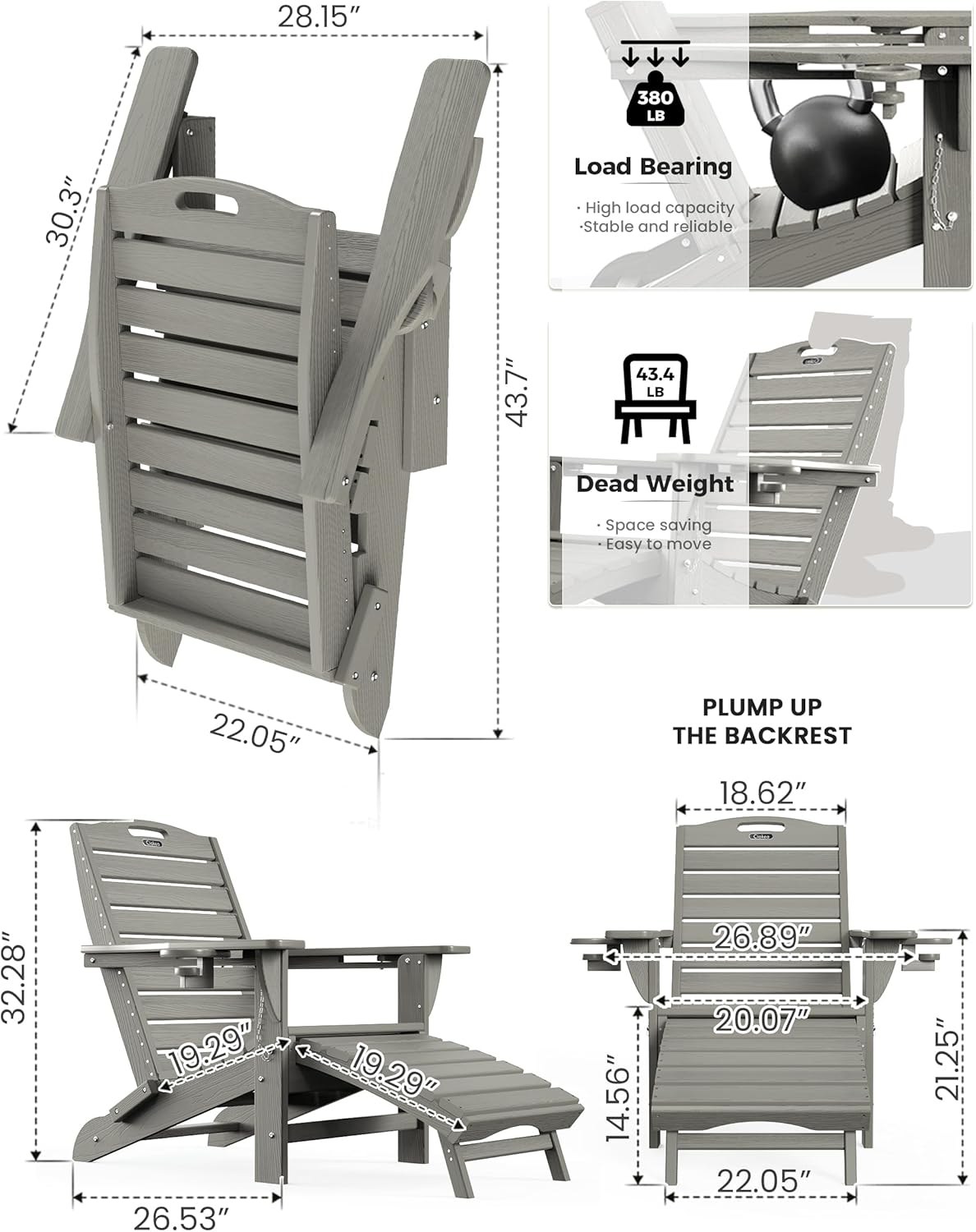 Ciokea Folding Adirondack Chair with Retractable Ottoman Fire Pit Patio Chair with Pull Out Foot Rest Weather Resistant Lawn Outdoor Lounge Chair with 2 Cup Holder (Grey)