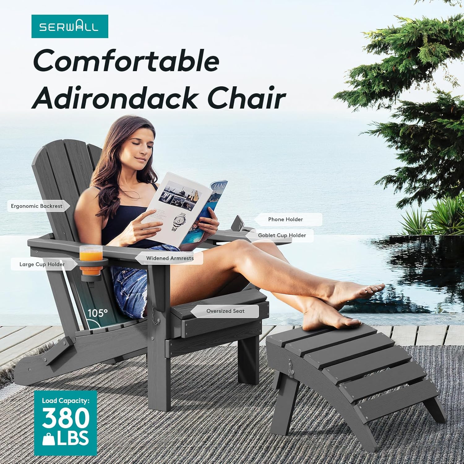 SERWALL Foldable Adirondack Chair Set of 2, HDPE Adirondack Chair with Wood-Texture-Gray
