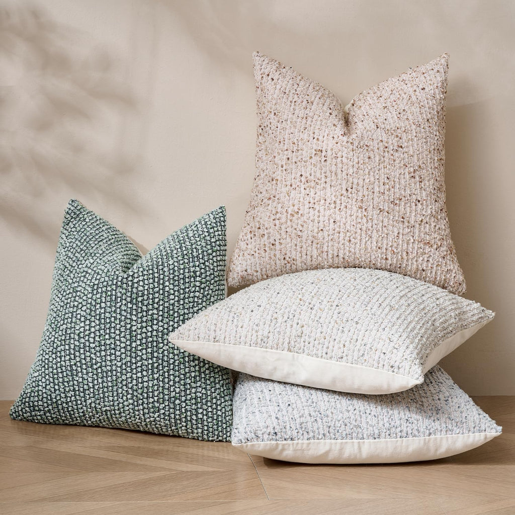 DEZENE 22x22 Beige Throw Pillow Cover Textured Boucle Striped Chic Morden Boho Accent Farmhouse Square Decorative Couch Pillow Cover for Home Decor Bed Sofa Living Room