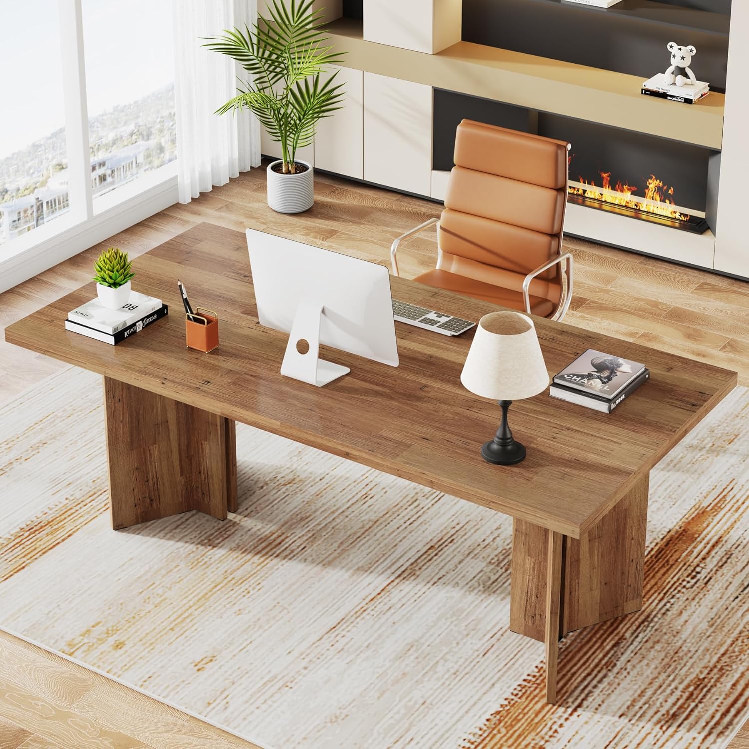Tribesigns 63-inch Executive Desk, Vintage Home Office Computer Desk with Large Tabletop, Farmhouse Wood Writing Conference Table Workstation for Office, Study, Walnut Brown