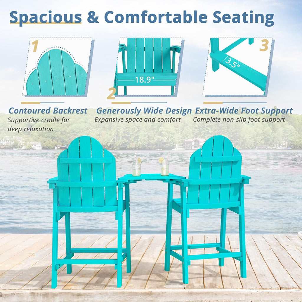 LUE BONA Tall Adirondack Chair Set of 2, All Weather HDPS Bar Height Chairs with Aluminum Legs, Detachable Table & Umbrella Hole for Patio, Deck, Backyard & Commercial Use Aruba Blue