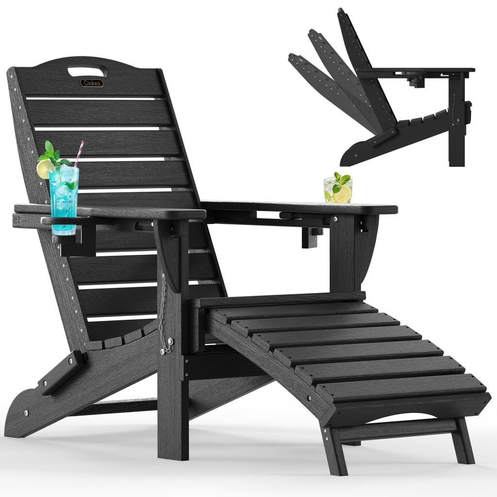 Ciokea Folding Adirondack Chair with Retractable Ottoman Fire Pit Patio Chair with Pull Out Foot Rest Weather Resistant Lawn Outdoor Lounge Chair with 2 Cup Holder (Grey)