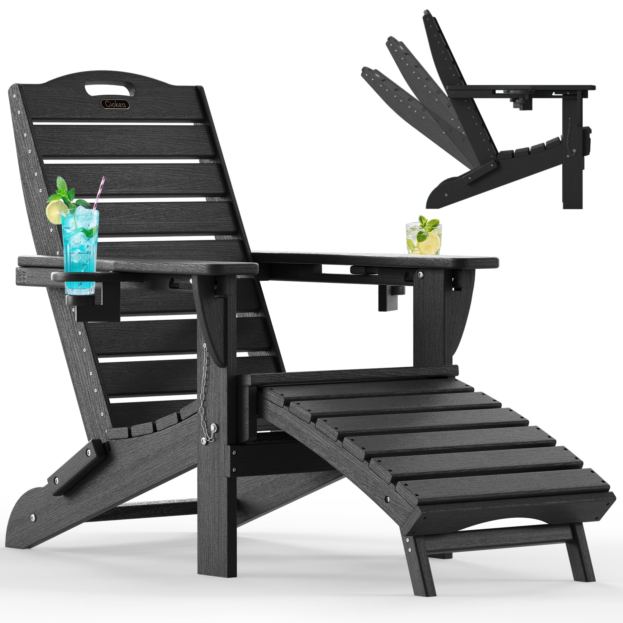 Ciokea Folding Adirondack Chair with Retractable Ottoman Fire Pit Patio Chair with Pull Out Foot Rest Weather Resistant Lawn Outdoor Lounge Chair with 2 Cup Holder (Grey)