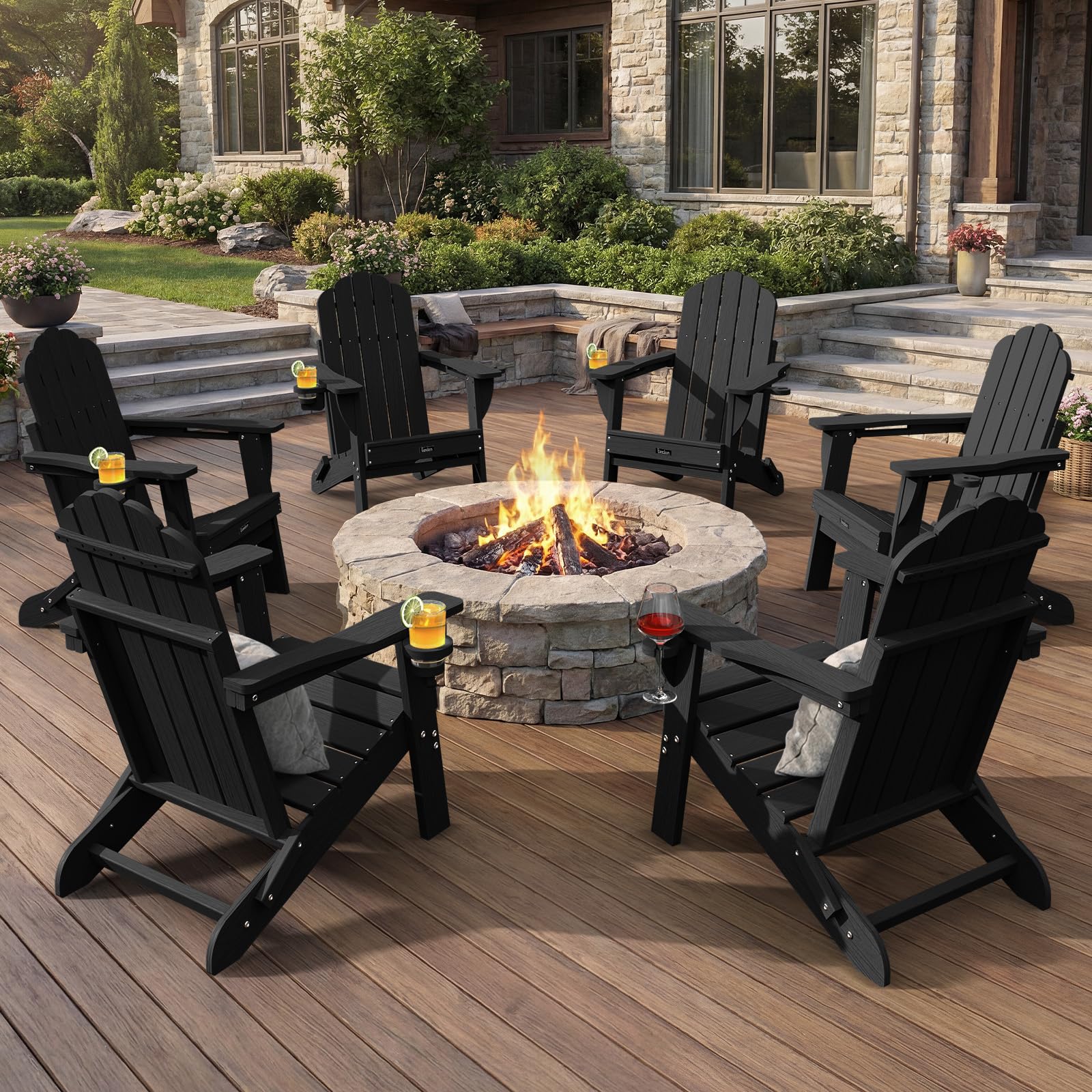 Folding Adirondack Chair,All-Weather HDPE Fire Pit Chair with 2 Cup Holders, Plastic Outdoor Chair for Patio Deck Garden Lawn, Black