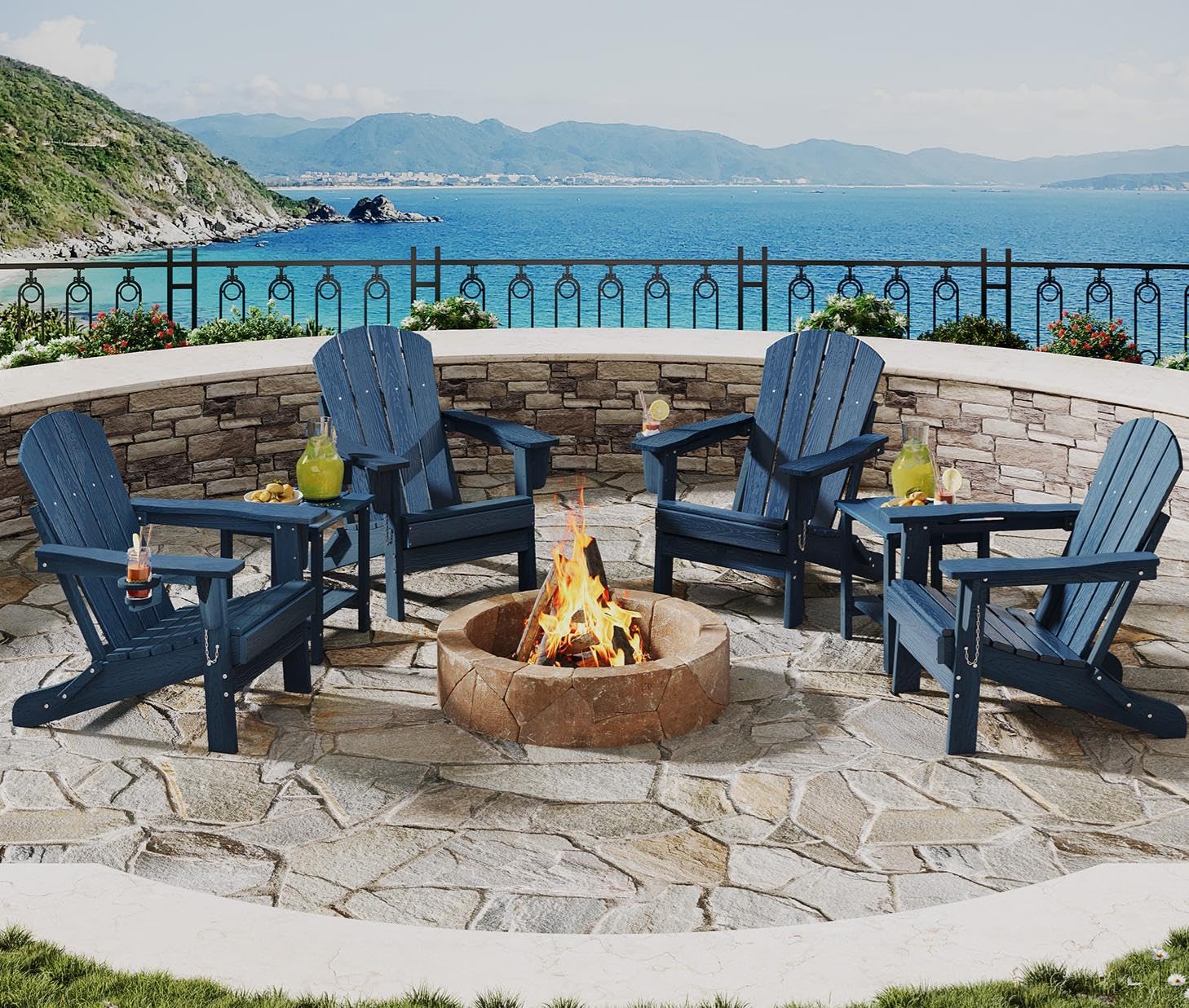 GarveeLife Folding Adirondack Chair Set of 2, All-Weather HDPE Outdoor Chair, Wooden Textured with Cup Holder for patios, Decks, Gardens, fire pits, Navy Blue