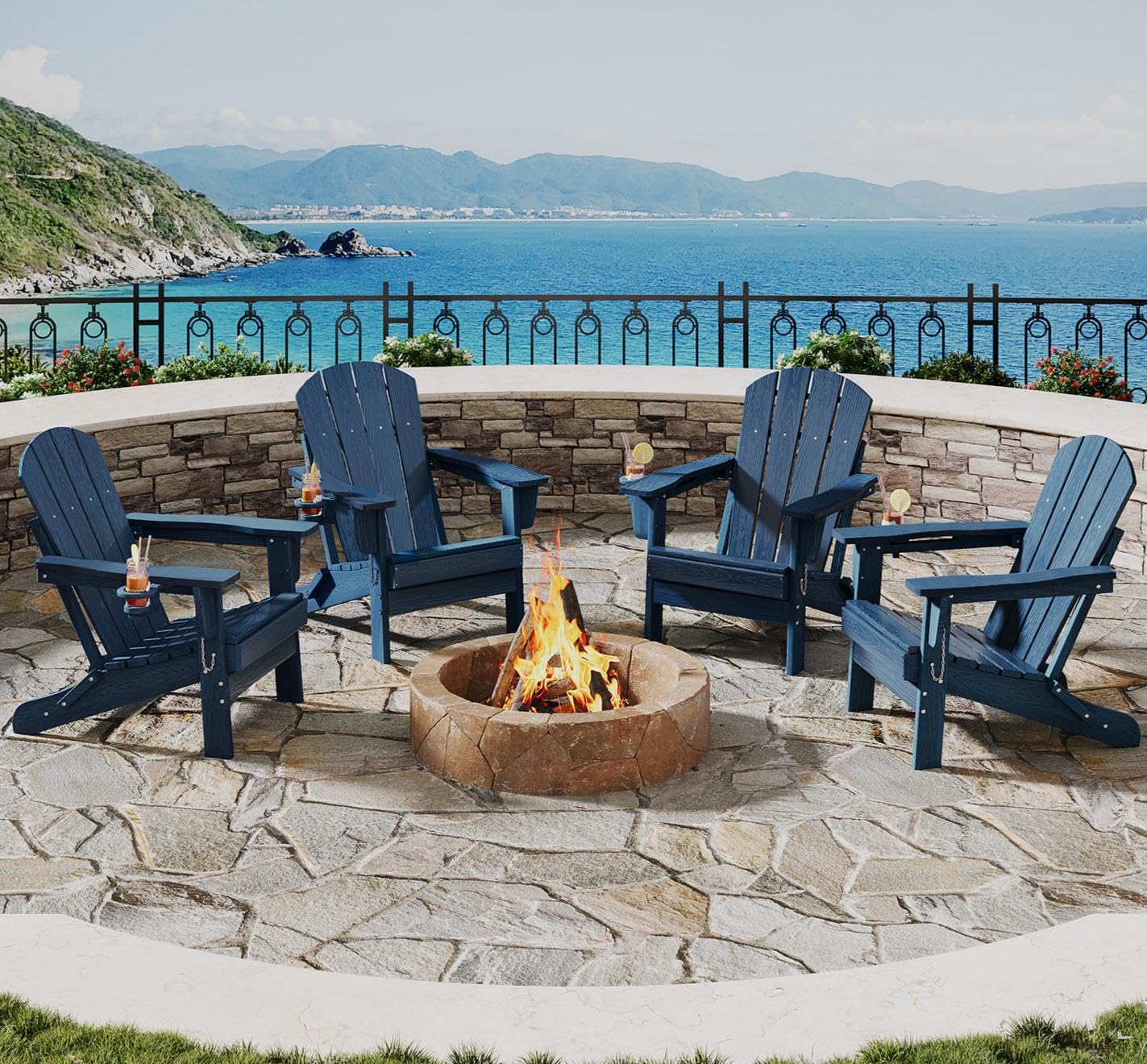 GarveeLife Folding Adirondack Chair Set of 2, All-Weather HDPE Outdoor Chair, Wooden Textured with Cup Holder for patios, Decks, Gardens, fire pits, Navy Blue