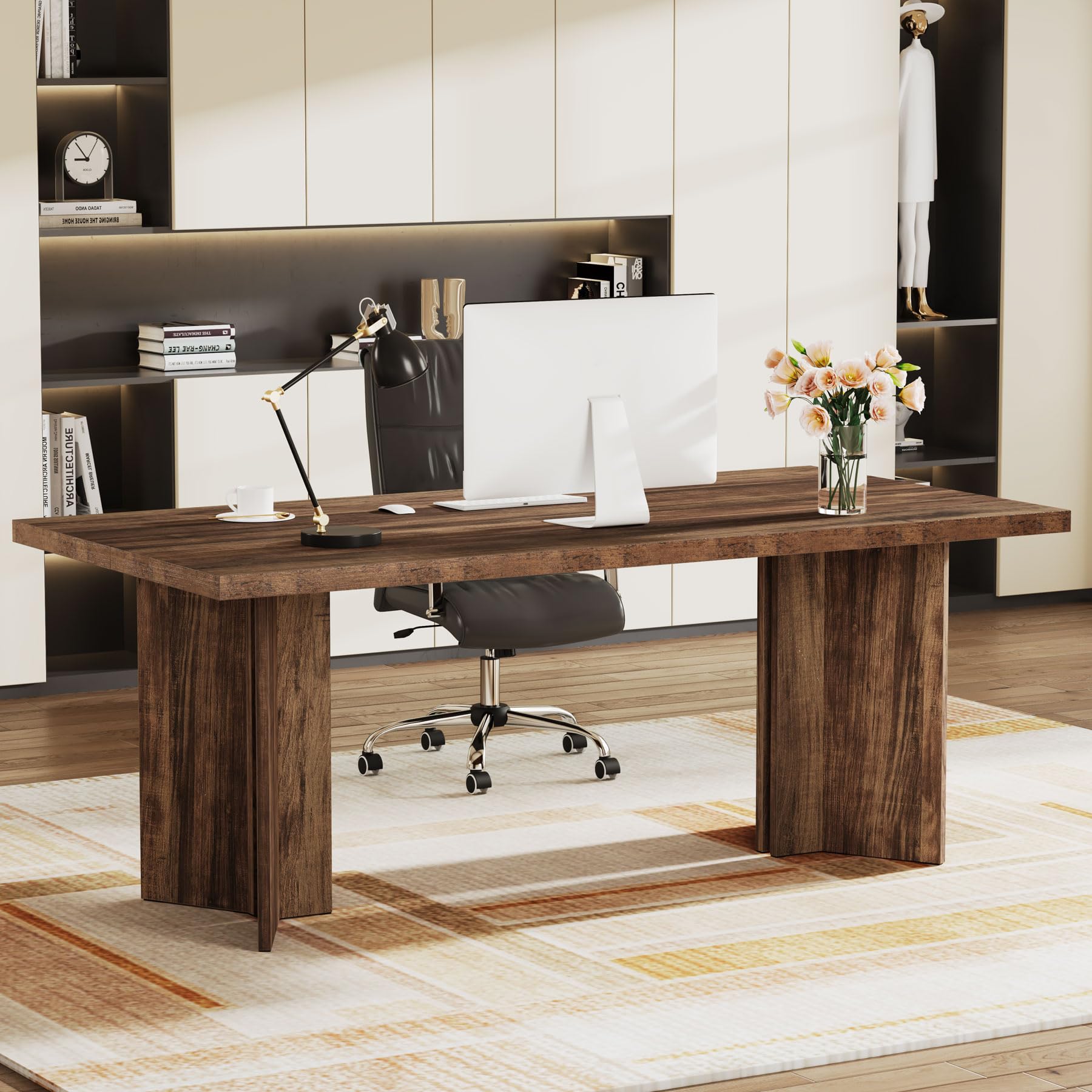 Tribesigns 63-inch Executive Desk, Vintage Home Office Computer Desk with Large Tabletop, Farmhouse Wood Writing Conference Table Workstation for Office, Study, Walnut Brown
