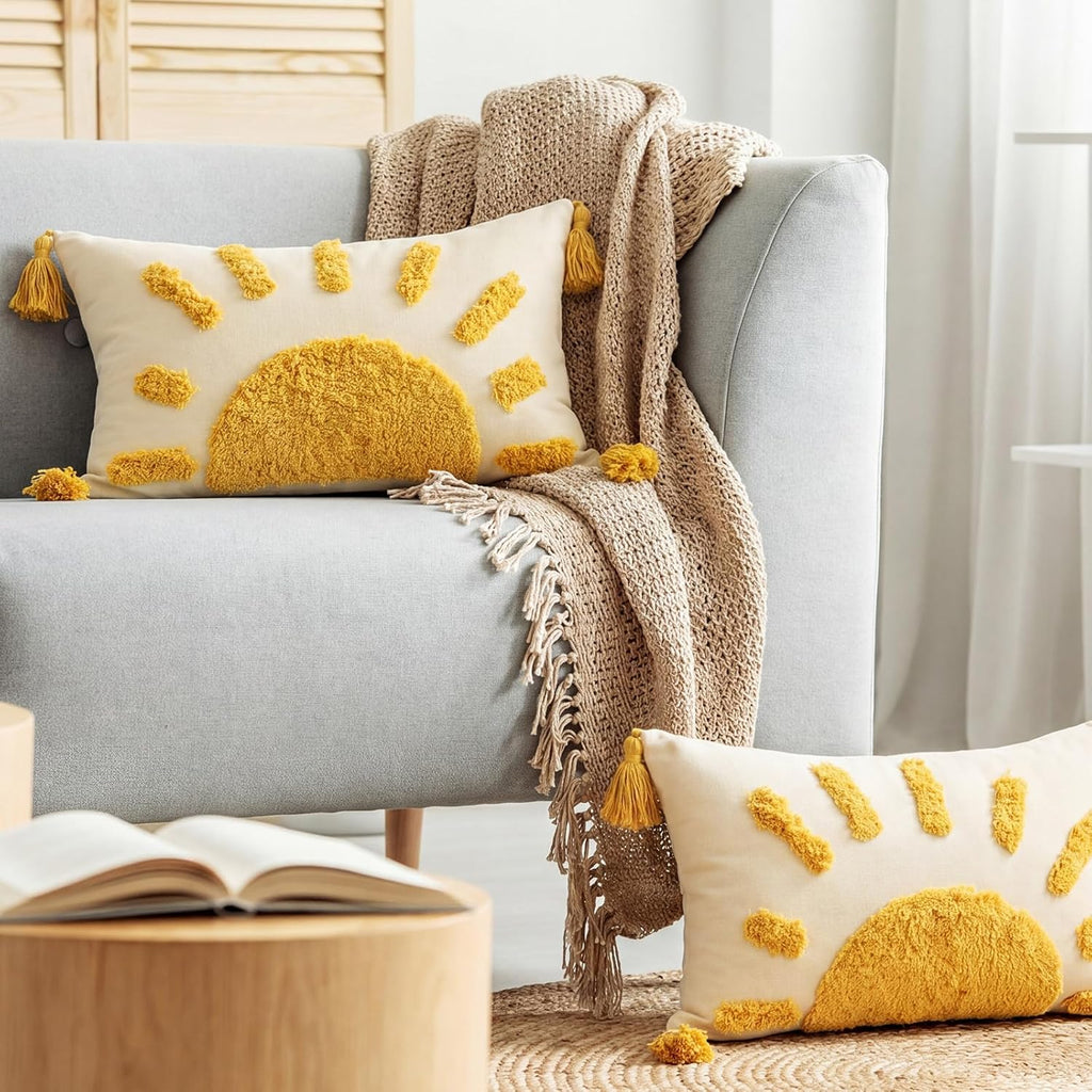 2 Pcs Sun Tufted Lumbar Pillow Cover 12x20 Inch Boho Velvet & Canvas Throw Pillow with Tassels, Yellow Cream Decorative Accent Pillows for Bed, Couch, Living Room & Farmhouse Decor