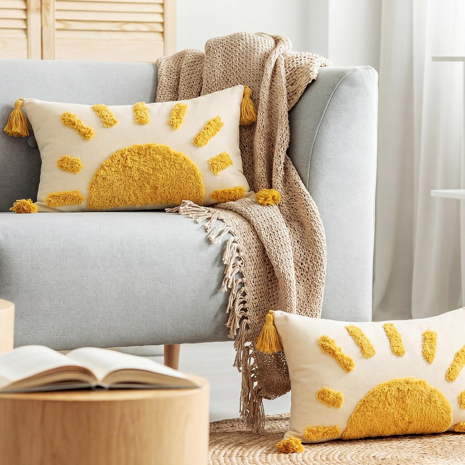 2 Pcs Sun Tufted Lumbar Pillow Cover 12x20 Inch Boho Velvet & Canvas Throw Pillow with Tassels, Yellow Cream Decorative Accent Pillows for Bed, Couch, Living Room & Farmhouse Decor