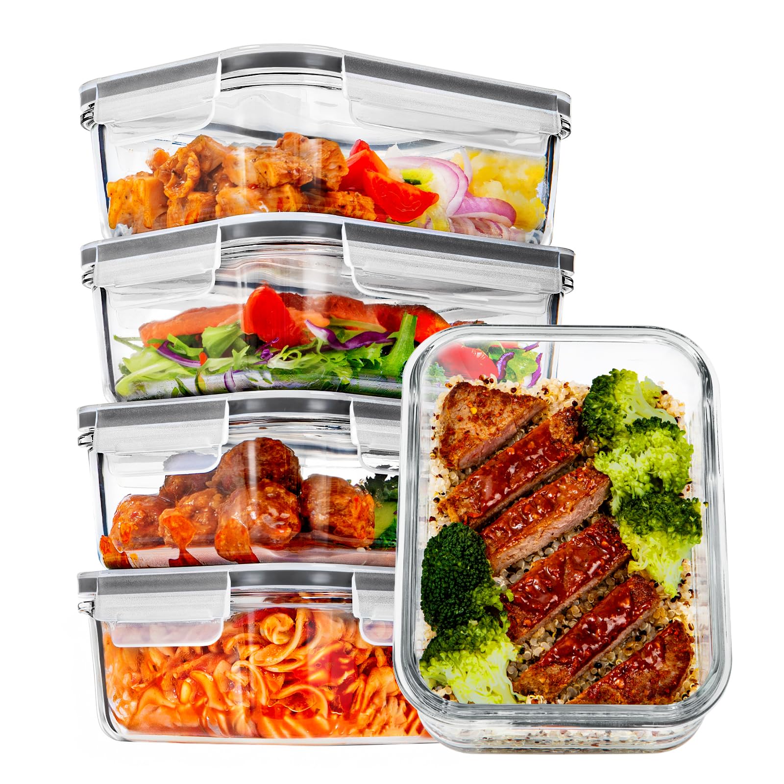 Vtopmart 5Pack 22oz Glass Storage Containers with Lids, Glass Meal Prep Food Container Sets with Snap Airtight Lids for Microwave, Oven, Freezer and Dishwasher, Grey