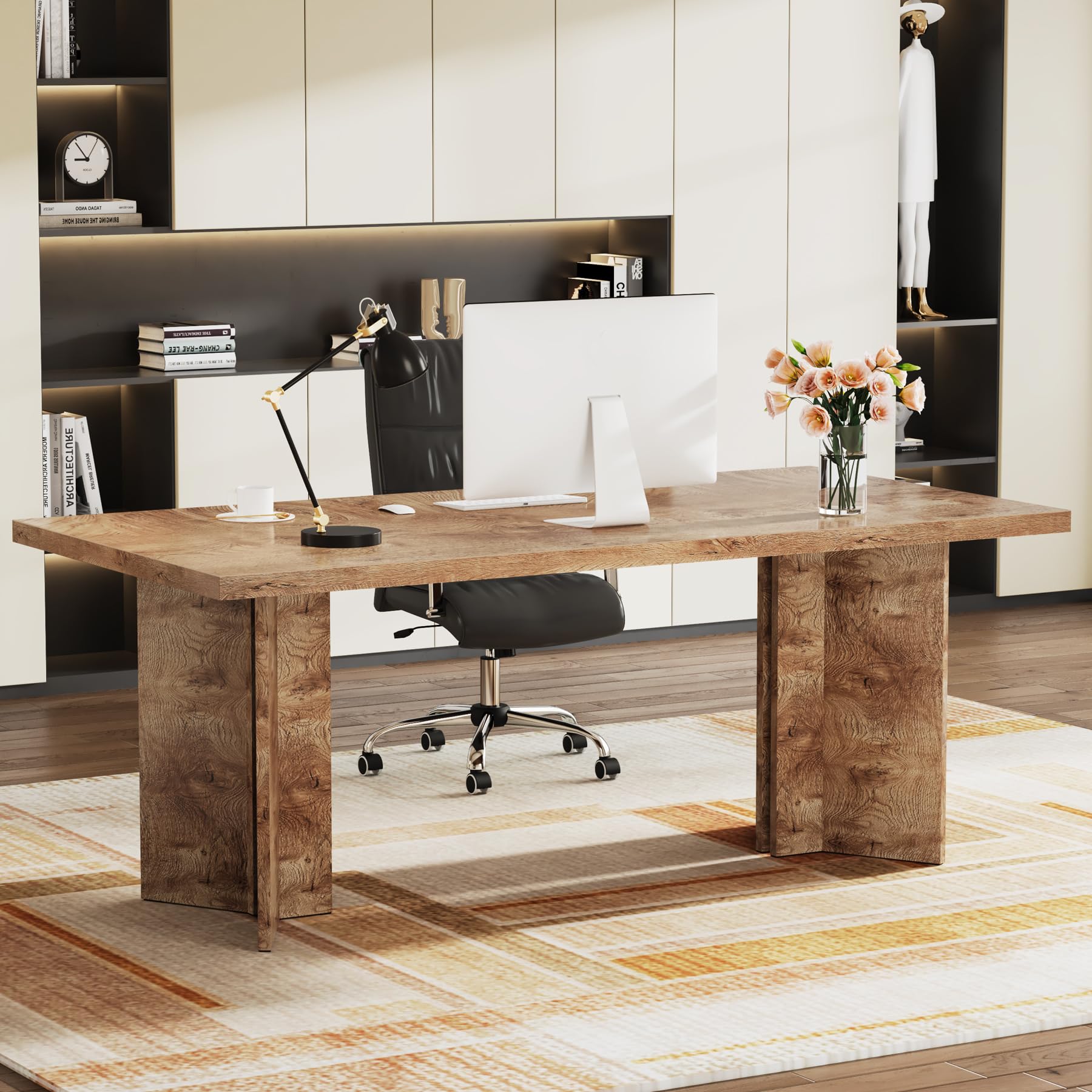 Tribesigns 63-inch Executive Desk, Vintage Home Office Computer Desk with Large Tabletop, Farmhouse Wood Writing Conference Table Workstation for Office, Study, Walnut Brown