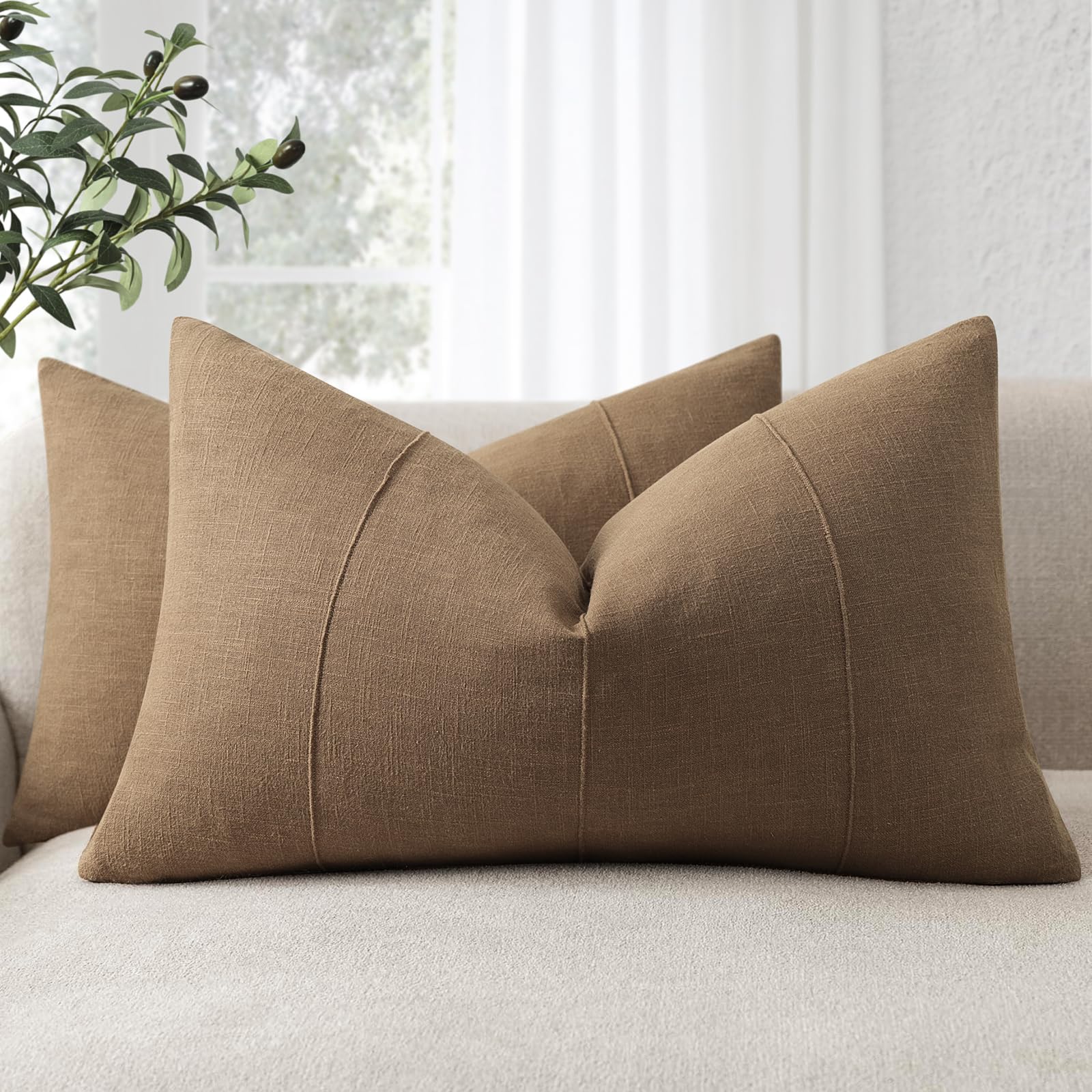 Decorative Linen Throw Pillow Covers 18x18 Set of 2 Solid handcrafted Striped Cushion Covers for Bed Soft Modern Farmhouse Neutral Pillowcase for Couch Bedroom Living Room Home Decor(Natural Beige)