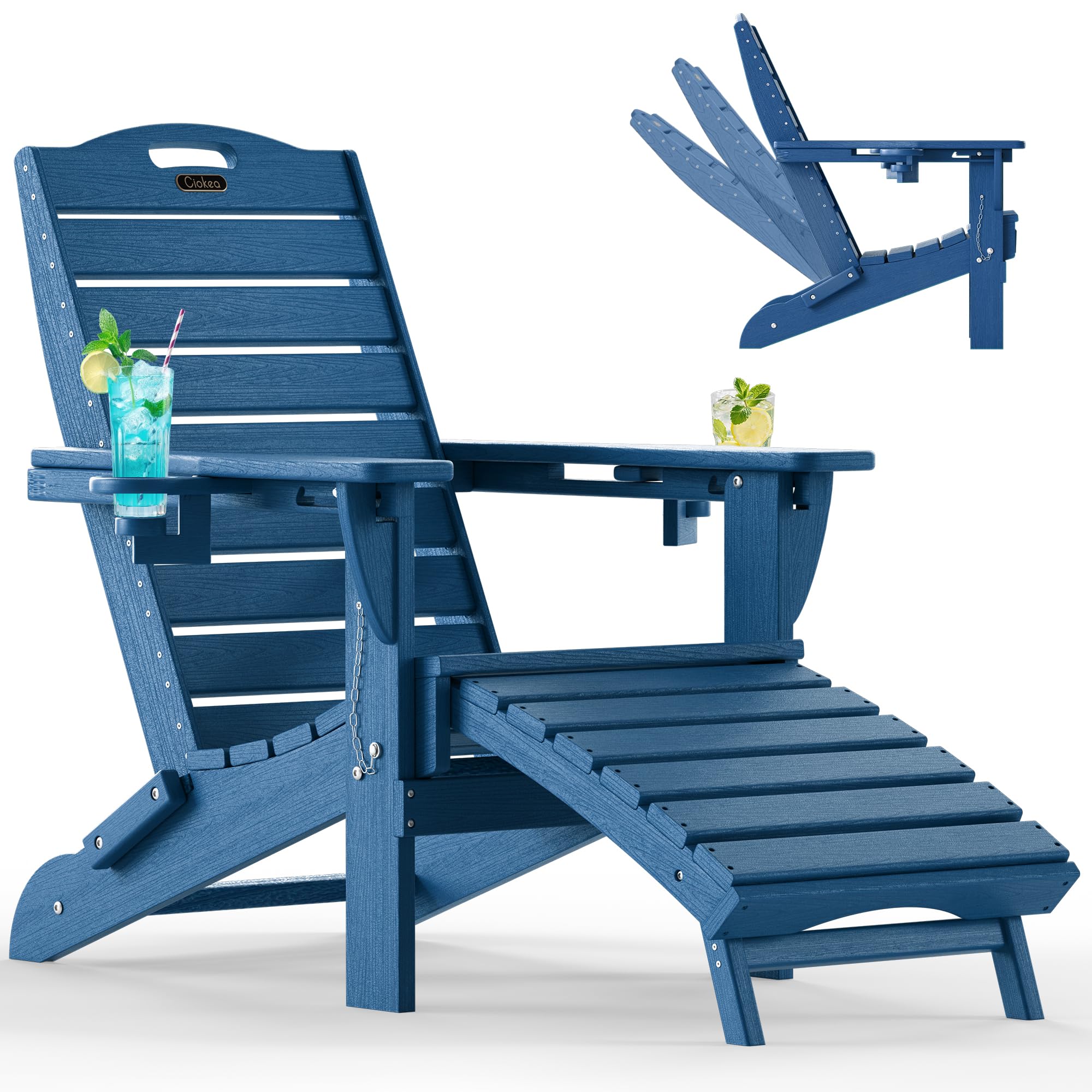 Ciokea Folding Adirondack Chair with Retractable Ottoman Fire Pit Patio Chair with Pull Out Foot Rest Weather Resistant Lawn Outdoor Lounge Chair with 2 Cup Holder (Grey)
