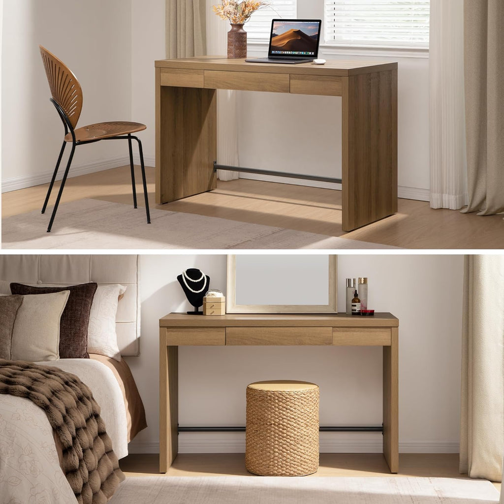 SICOTAS Home Office Executive Desk - 47-Inch Computer Desk with Drawer, Farmhouse Writing Study Desk with Storage,Boho Makeup Vanity Table for Bedroom (Reclaimed Caramel Oak, 2 Pieces)
