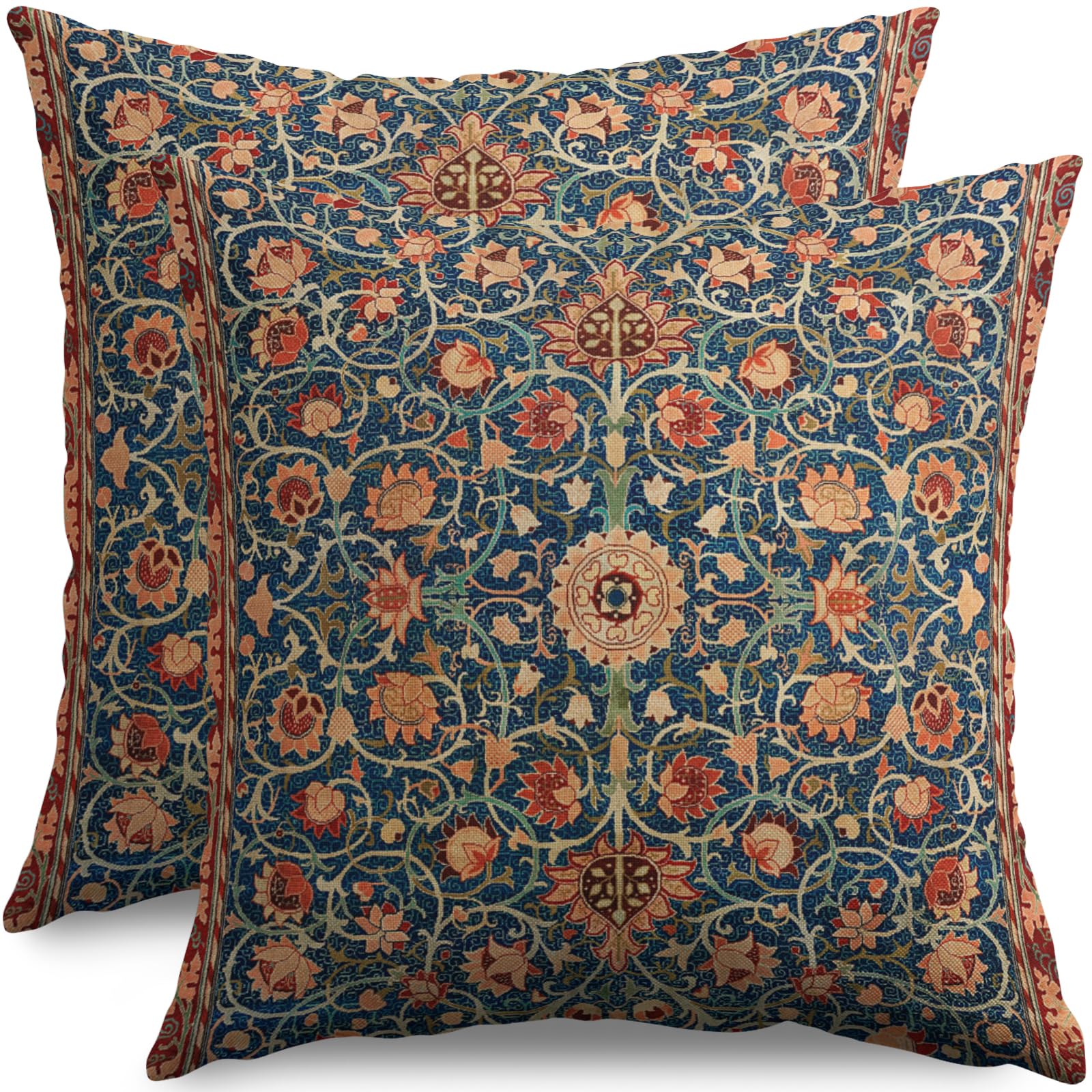 Vintage Floral Pillow Covers 20x20 Set of 2 Modern Botanical Print Blue Burnt Orange Flower Pattern Decorative Throw Pillow Cases Outdoor Farmhouse Decoration for Sofa Couch Bed