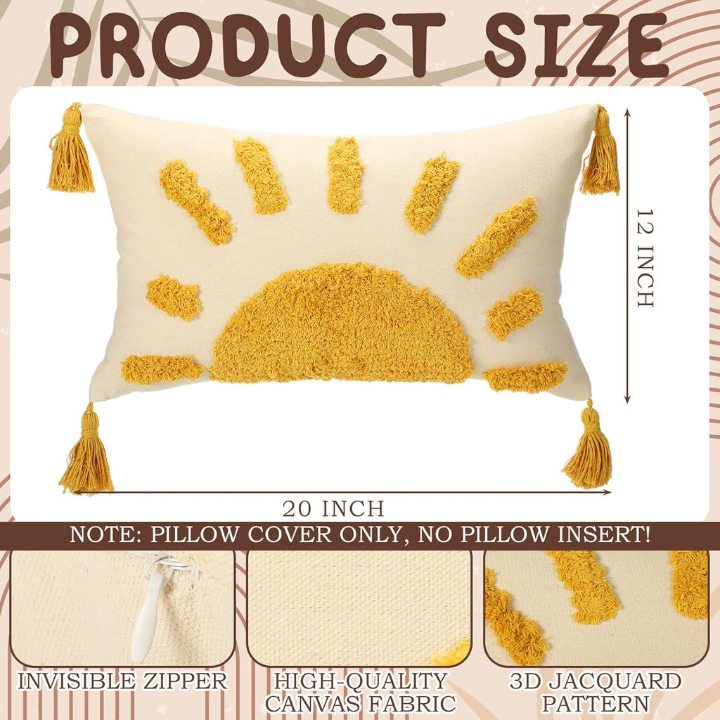 2 Pcs Sun Tufted Lumbar Pillow Cover 12x20 Inch Boho Velvet & Canvas Throw Pillow with Tassels, Yellow Cream Decorative Accent Pillows for Bed, Couch, Living Room & Farmhouse Decor