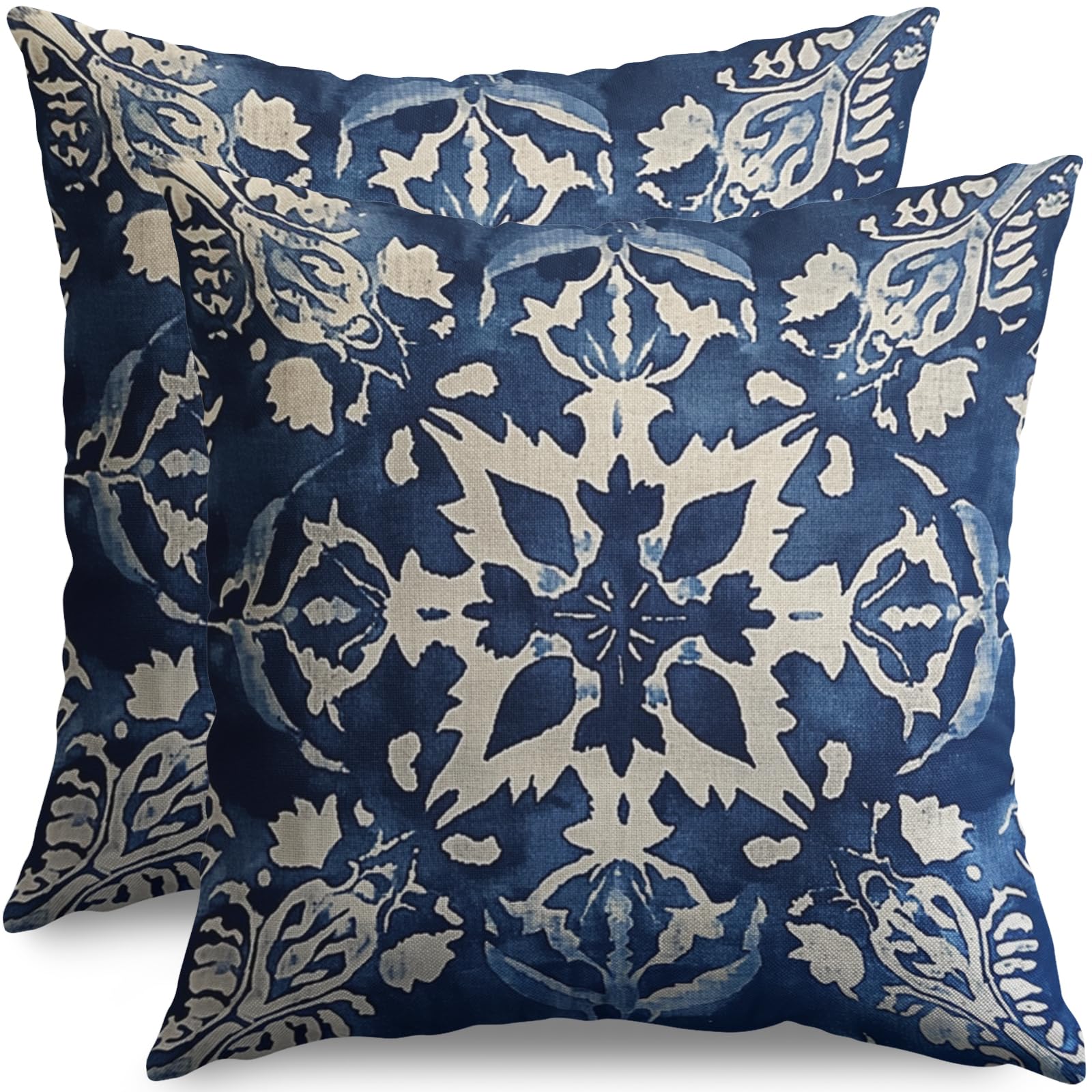 Vintage Floral Pillow Covers 20x20 Set of 2 Modern Botanical Print Blue Burnt Orange Flower Pattern Decorative Throw Pillow Cases Outdoor Farmhouse Decoration for Sofa Couch Bed